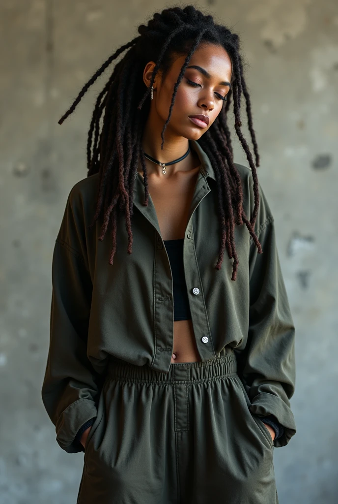 A portrait of a 23-year-old black woman, com cabelos dreadlocks, thin and small breasts. She is wearing a comfortable casual outfit, with a natural skin texture, intricate details and soft colors. The image captures a relaxed moment, where she is in a natural pose, reflecting your calm personality and unique style."