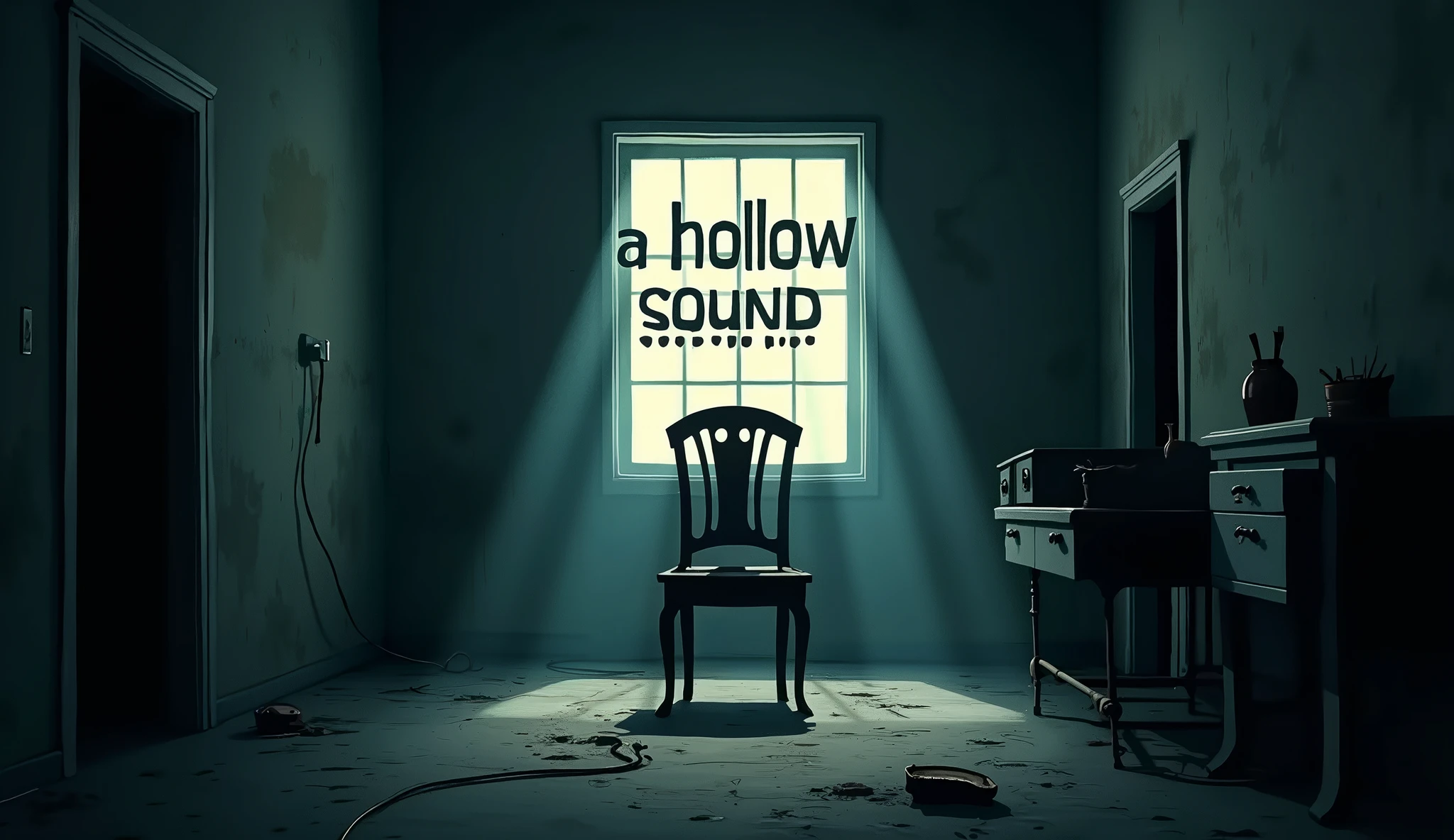 Make a dark room with a lamp above making it throw light towards the floor, the light reveals a microphone, from the microphone behind the microphone there are books, skulls and fog. Also behind the microphone is the title of "Sound Chills" in Spanish and adds more fog, do it with a drawing style