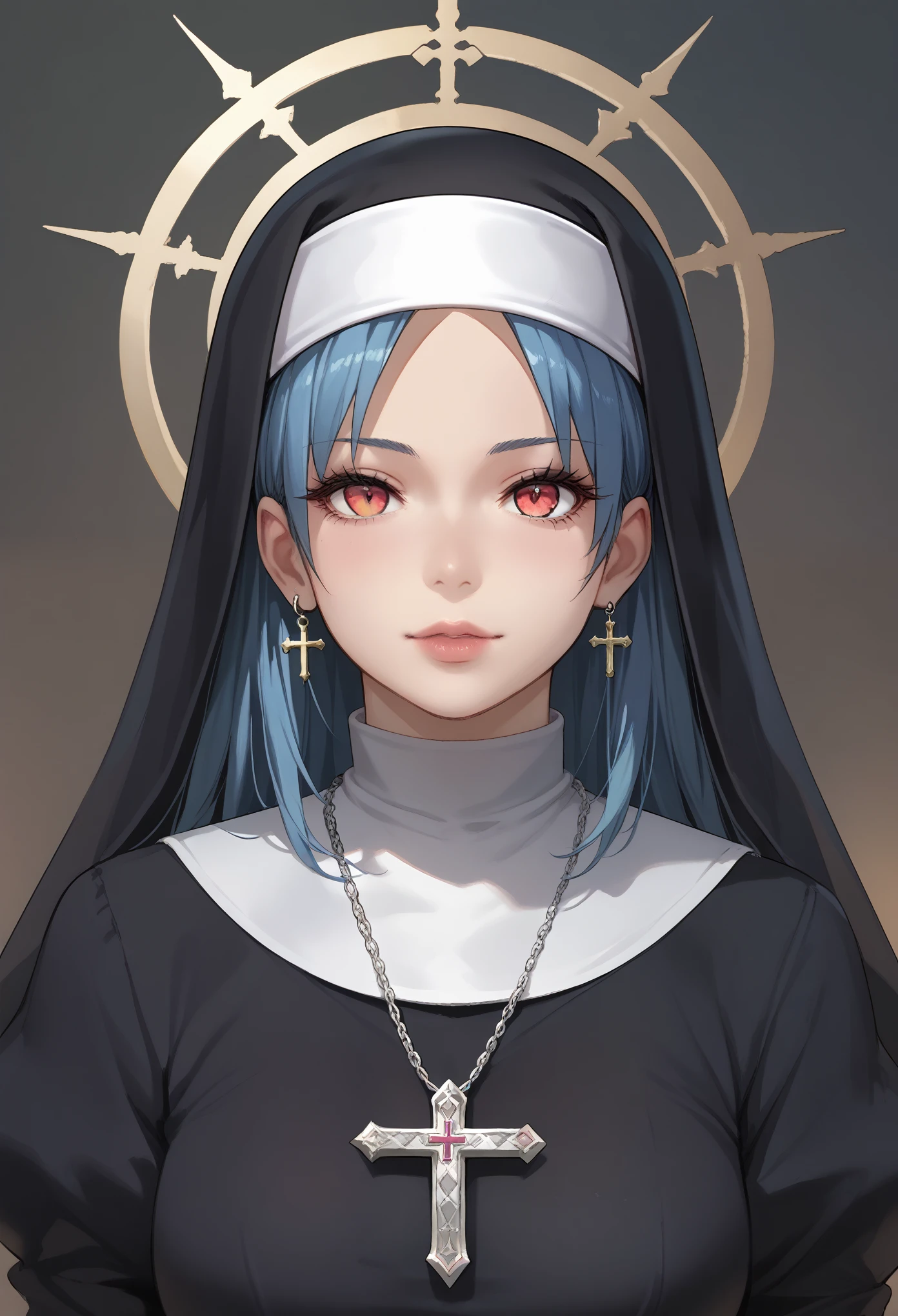 anime girl with a nun outfit and a cross necklace,  1 anime goth girl,  portrait, gothic maiden anime girl, demon anime girl, androgynous vampire, portrait of demon girl, beautiful necromancer girl,  detailed portrait of anime girl, beauty female girl,  with background 