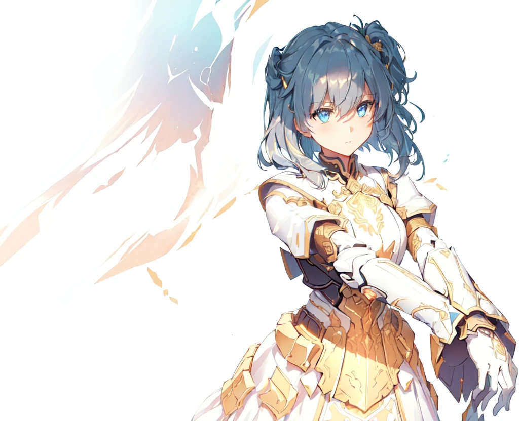 1girl, beautiful eye, smile, guardian of the holy cross, steadfast and serene expression, white and gold knight armor with cross emblem, reflective armor engraved with holy symbols, silver hair, long straight, shoulder length, deep blue eyes, holding a cross-shaped sword aloft, standing with a dignified posture, background of a sky ablaze with fighting spirit, gleaming cross on the chest plate, sunlight reflecting off the armor, shadows defining the contours of her face, strong yet gentle grip on the sword, faint blush on her cheeks indicating her determination, wind blowing through her hair, silver hair strands glowing with reflected light, gold accents on her armor sparkling, radiant light streaming down from the sky, holy aura surrounding her figure, steadfast gaze focused on the horizon, lips set in a firm line, symbol of the cross glowing on the background, wings of light manifesting from her back, feeling of unwavering faith and determination, hope, valor, bravery, purity, light shining through clouds above, contrasting the serenity of the scene with the intensity of her determination, end of scene with a sense of awe and respect for her resolve,