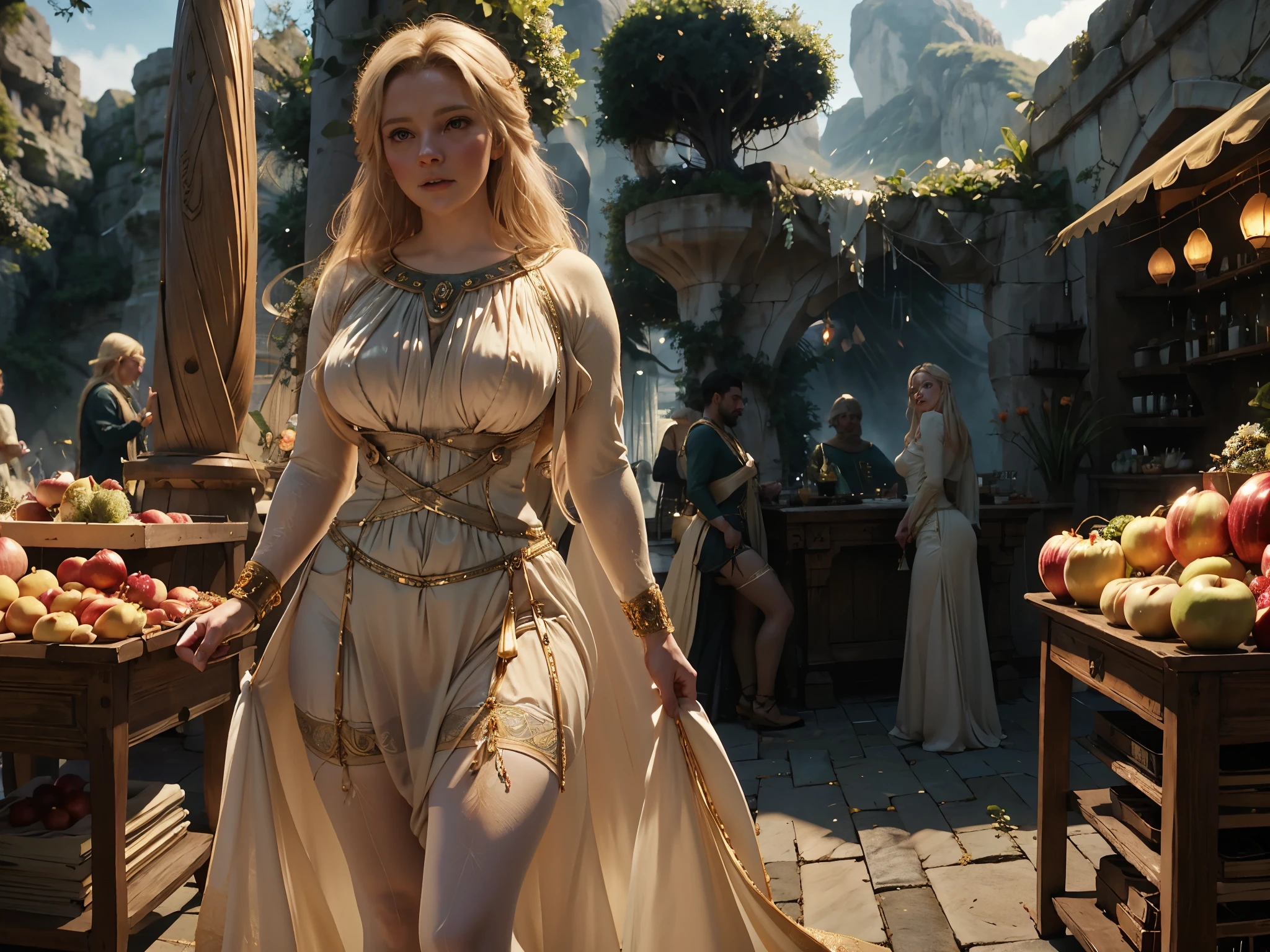Galadriel from Lord of the Rings series, Morfydd Clark, looking to the side, looking at the guy near to her, picking up apple, wind lifts skirt, dripping pussy, palace outdoor, big ass, thick lower body, curvy female, pale skin, very wide hips, thick thights, huge busting out saggy breast, mini thong, camel toe, trimmed pussy hair, long legs, tight short golden detailed corset, long dress, white laced stockings, gold high heels, market place full of people, 8k, utra quality, ultra sharp, epic light, cienmatic filter, dof