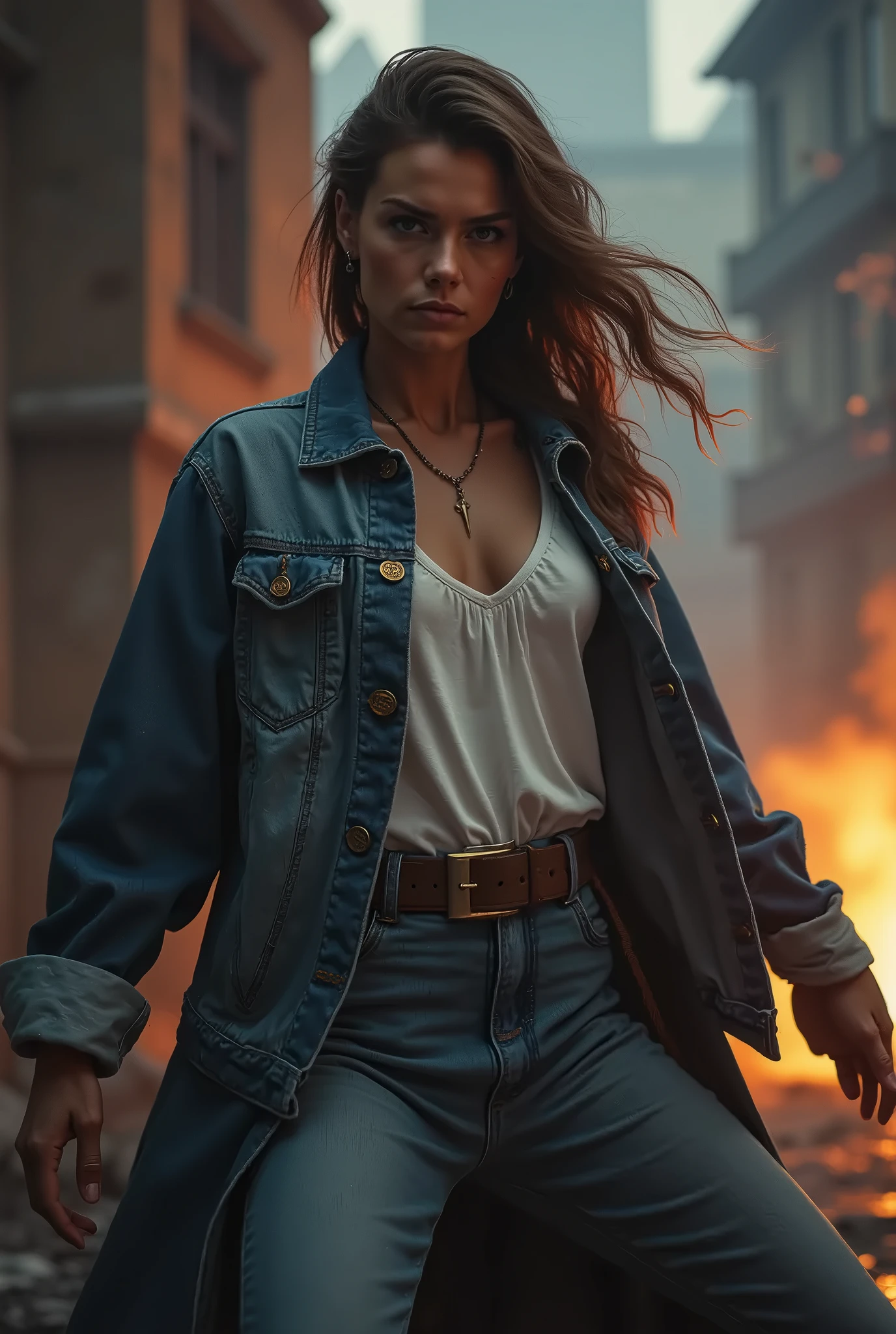 ((best quality)), ((masterpiece)), ((realistic)), (detailed), abandoned wasted city, rusty muscle car standing on a street, Fallout, everything covered with dust, postapocalyptic, an ultra hot gorgeous European woman, age 23. She’s a playmate and men magazine model. Random hair color. Tank top, cleavage, jeans. Walking in the street. realism, exploration, cinematic, realistic, octane render, unreal engine, hyper detailed, volumetric light, moody cinematic epic concept art, realistic matte painting, concept art, insanely detailed, , ((masterpiece)), absurdres, HDR