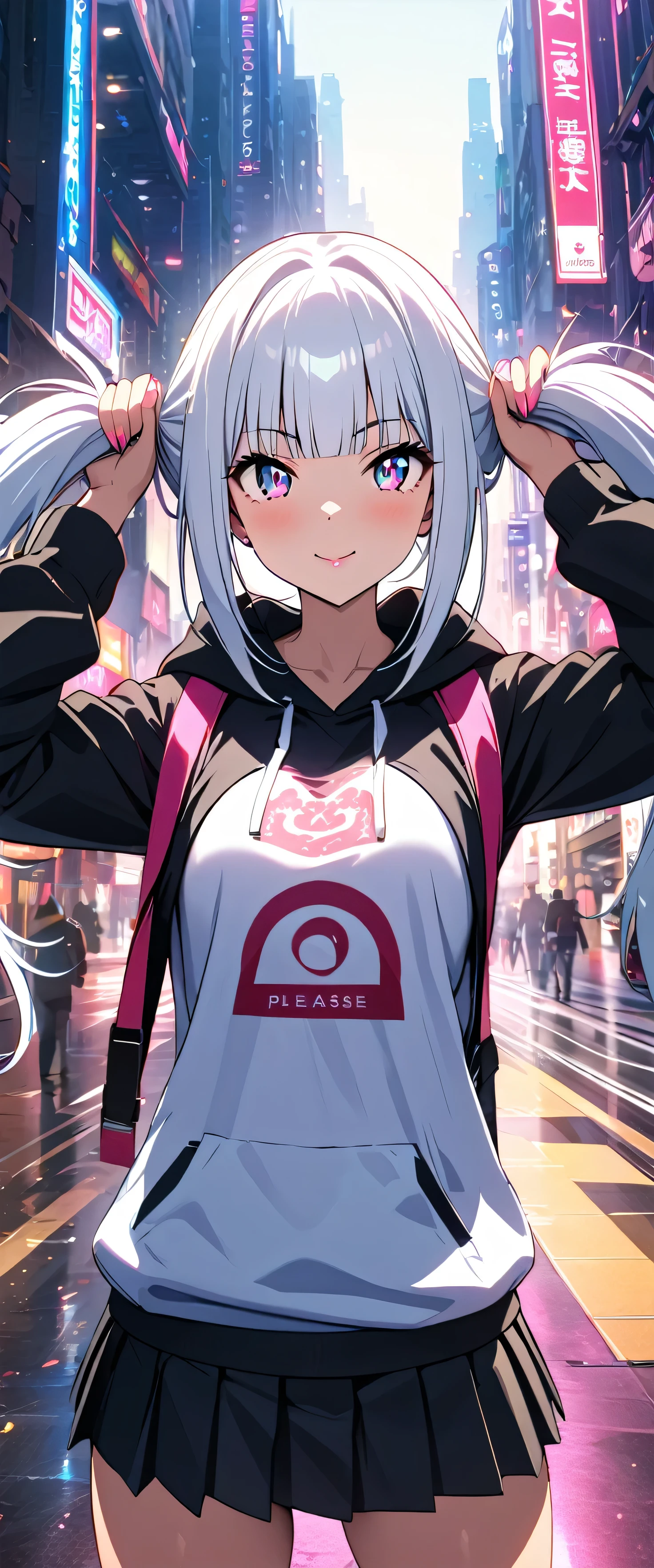 (beautiful girl: 1.3),One girl,masterpiece,Please redeem,Ultra-high resolution,Rich contrast,super high quality,8k,Highly detailed CG unit wallpaper,Texture,Very absurd,RAW Photos,Please redeem anime,Depth of written boundary 1.2,Very detailed eyes,Glowing Skin,Glitter Effect,Beautiful glossy lips,(Silver-white hair,Sharp Bob,Straight bangs),Black hoodie,Pleated skirt,Cyber City,Neon Pink,White beautiful skin,trembling,smile, closed mouth,bunching hair