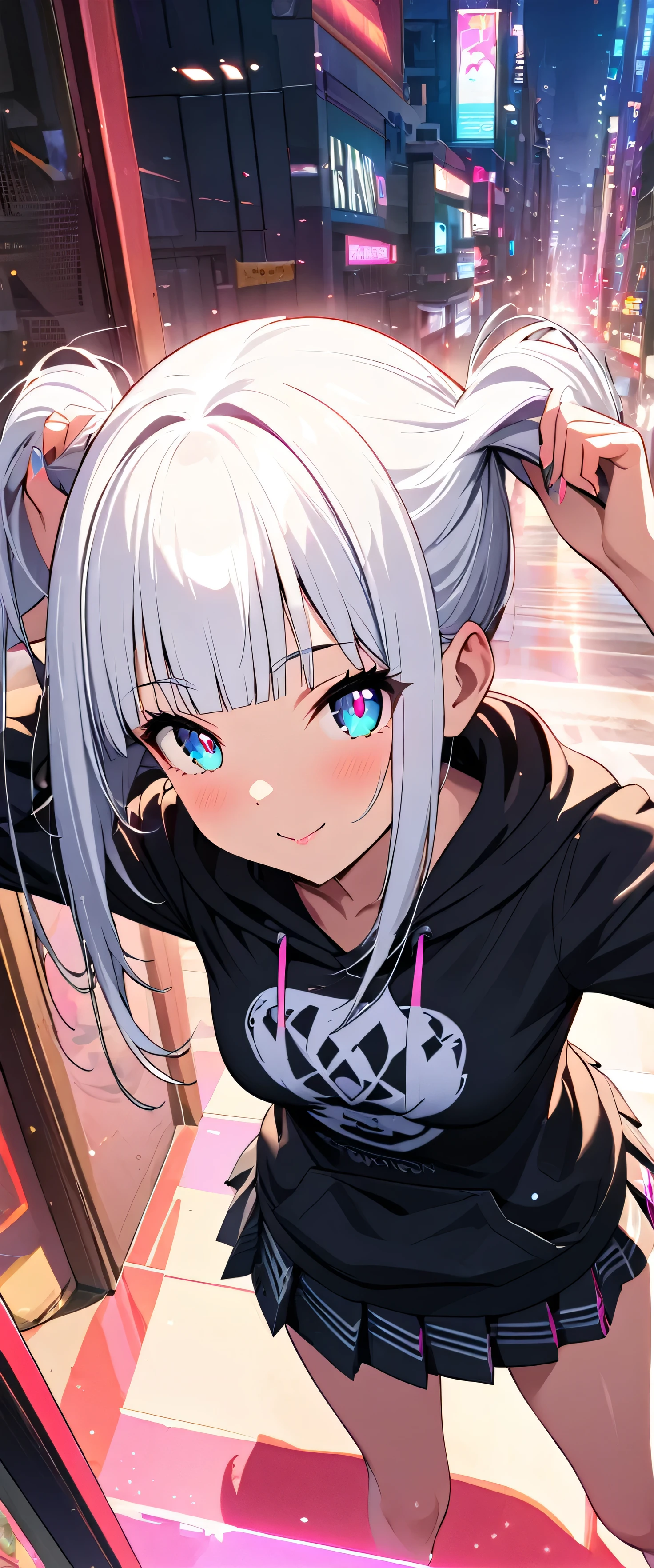 (beautiful girl: 1.3),One girl,masterpiece,Please redeem,Ultra-high resolution,Rich contrast,super high quality,8k,Highly detailed CG unit wallpaper,Texture,Very absurd,RAW Photos,Please redeem anime,Depth of written boundary 1.2,Very detailed eyes,Glowing Skin,Glitter Effect,Beautiful glossy lips,(Silver-white hair,Sharp Bob,Straight bangs),Black hoodie,Pleated skirt,Cyber City,Neon Pink,White beautiful skin,trembling,smile, closed mouth,bunching hair