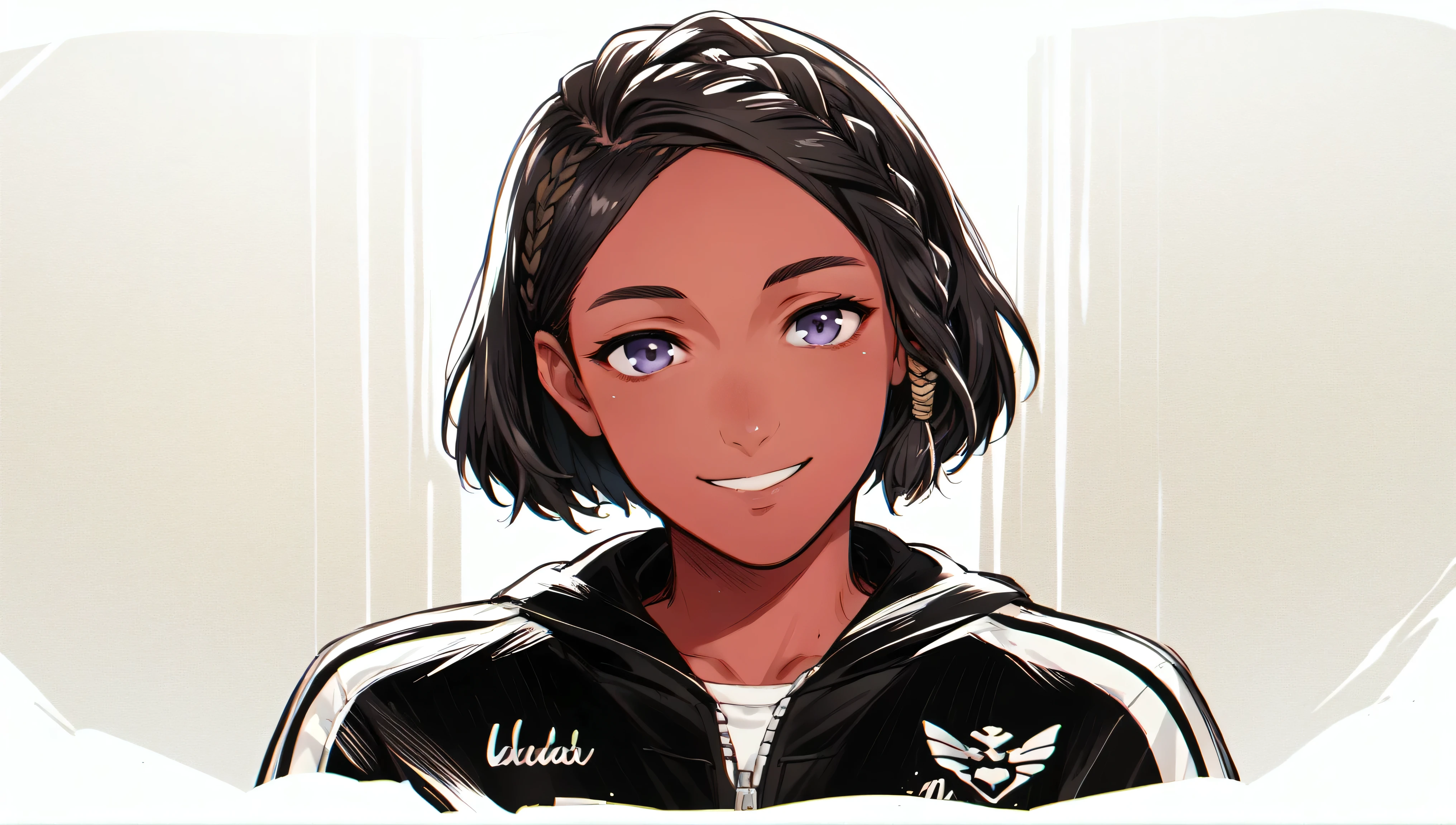 , Yusuke Murata's style and Arthur Adams, young woman with red skin, black hair cut in a braided bob, African braid, and purple eyes, streetwear clothing. close-up of the face, smile , sketch