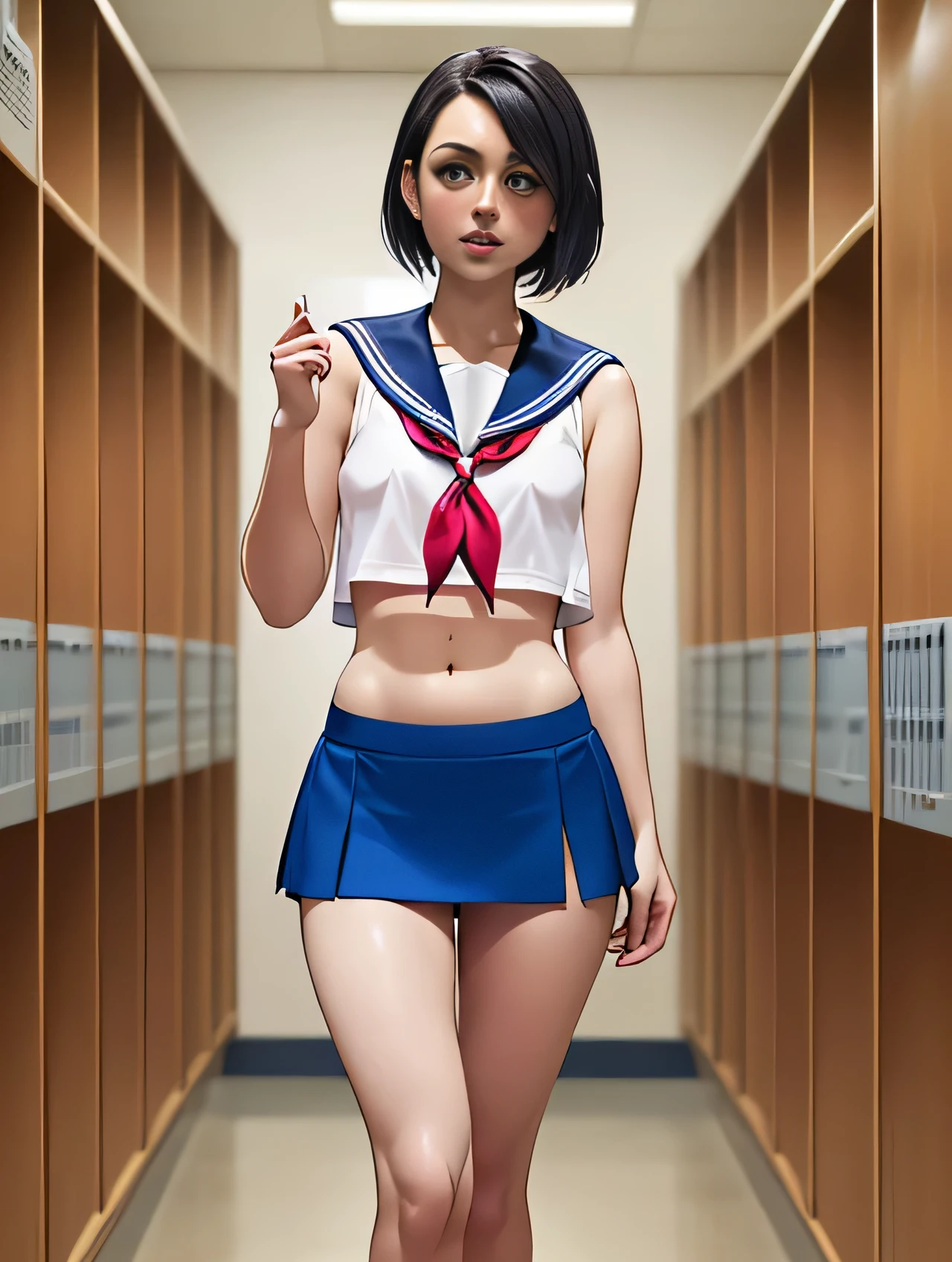 Aubrey Plaza, (Aubrey Plaza:1.5), masterpiece quality, (masterpiece quality:1.3), detailed, realistic, (realistic:1.3), 1girl, solo, (solo:1.9), alone, in a University, school lockers in background, wearing sailor uniform, (sailor uniform:1.5), blue miniskirt, (blue miniskirt:1.5) bare legs, (bare legs:1.5), short hair, small breasts, (small breasts:1.5), thin body, 