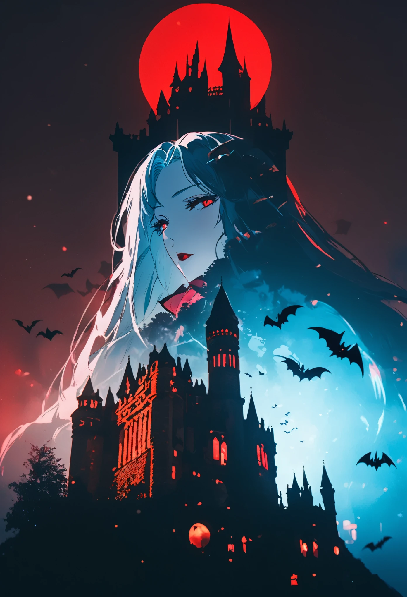 {worst quality, low-quality}, anime style, ((Vampire Girl)), Solo, silver long hair, red moon, double exposure, A flock of bats flying around an old castle illuminated by the red moon, depth of field, (holographic glow effect), from below, low angle shot, masutepiece, Best Quality, ultra-detailliert, masterpiece,