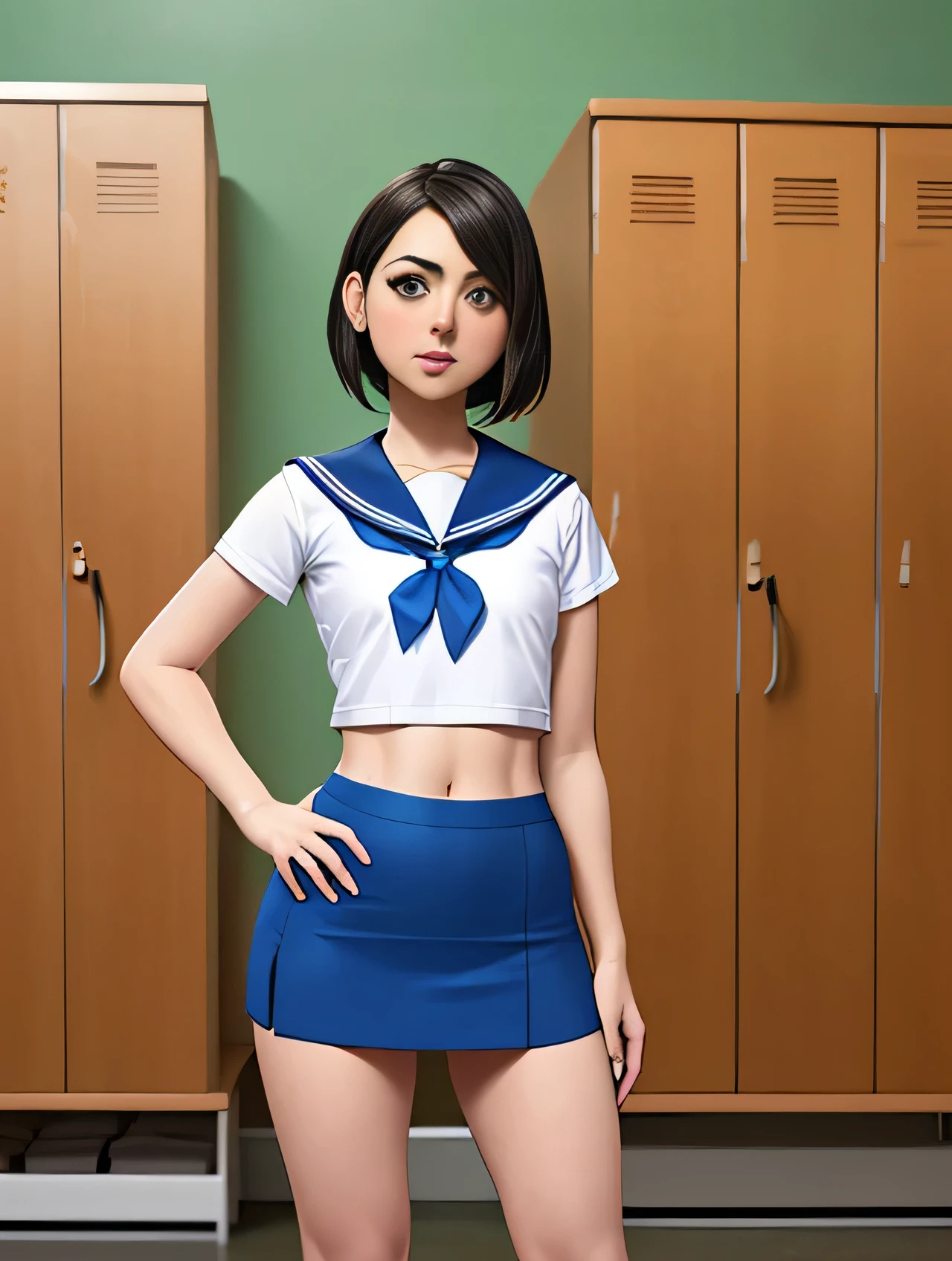 Aubrey Plaza, (Aubrey Plaza:1.5), masterpiece quality, (masterpiece quality:1.3), detailed, realistic, (realistic:1.3), 1girl, solo, (solo:1.9), alone, in a University, school lockers in background, wearing sailor uniform, (sailor uniform:1.5), wearing white shirt, (white shirt:1.5), midriff, (midriff:1.5), wearing blue miniskirt, (blue miniskirt:1.5), bare legs, (bare legs:1.5), short hair, small breasts, (small breasts:1.5), thin body, 