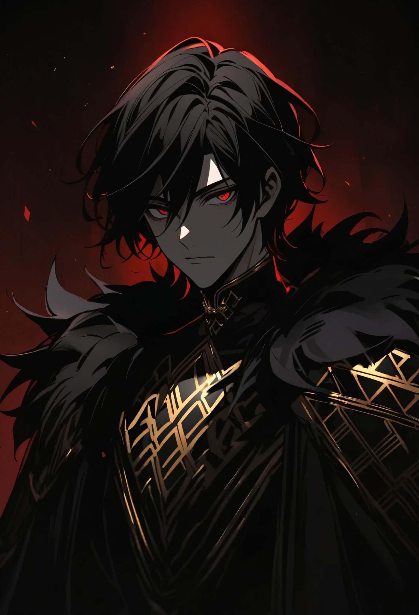 solo, handsome, 1 male, short hair, black hair, dark red eyes, black shirt, black fur cape with the only color being the golden trims of their hexagonal patterns