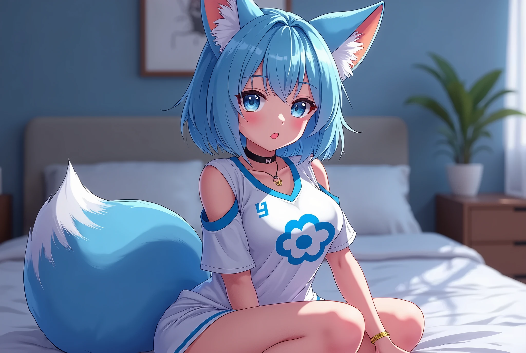 Sexy Posing, Female, 30 years old, cute, eyeliner, long light blue hair, biting lip smile, topless, breast, jean shorts, bedroom eyes, catgirl, cat ears, bedroom background, 8k, hi res, (best quality, masterpiece), green eyes, lying on bed, long cat tail, evil grin