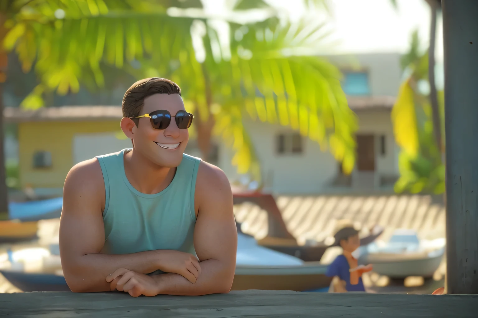 Yo con sunga en la playa y un coco en mano, alta calidad