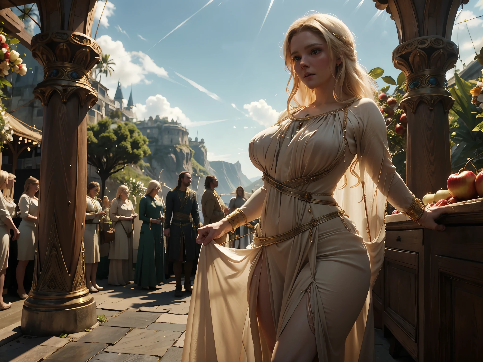 Galadriel from Lord of the Rings series, Morfydd Clark, looking to the side, looking at the guy near to her, picking up apple, wind lifts see through dress, dripping pussy, big ass, thick lower body, curvy female, pale skin, very wide hips, thick thights, huge busting out saggy breast, mini thong, camel toe, trimmed pussy hair, long legs, tight short golden detailed corset, long dress, white laced stockings, gold high heels, market place full of people, 8k, utra quality, ultra sharp, epic light, cienmatic filter, dof