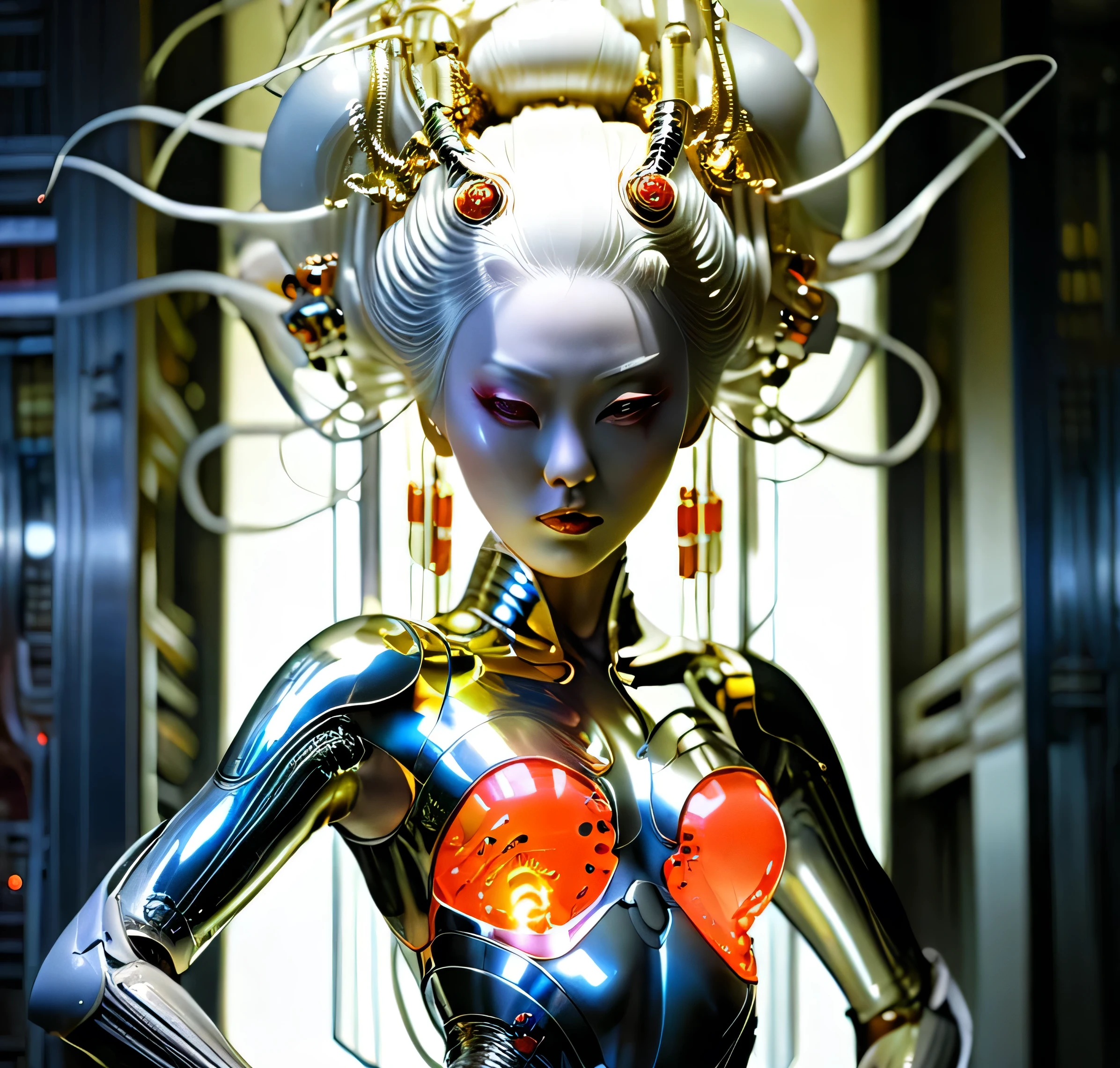 A photograph of mid-twenties Japanese female android made of shiny white and silver translucent glass and plastic, geisha makeup and hairstyle, silver metal internal body mechanisms, dynamic pose, flowing organic construction, glowing golden circuitry, colorful neon trim, glowing circuitry, neon trim, depth of field focus f/2.8, art by H.R. Giger, Greg Rutowski ,getting diasssemble as two scientist fuck the shit out of her helpless legless body, she screams in fear, maniacal  robot Fucking, crude laughter, inhuman behavior, perverted as fuck, sick  and vulger, carless pounfing of her vagina, vibourous thrust, hate fucking a helpless young robot