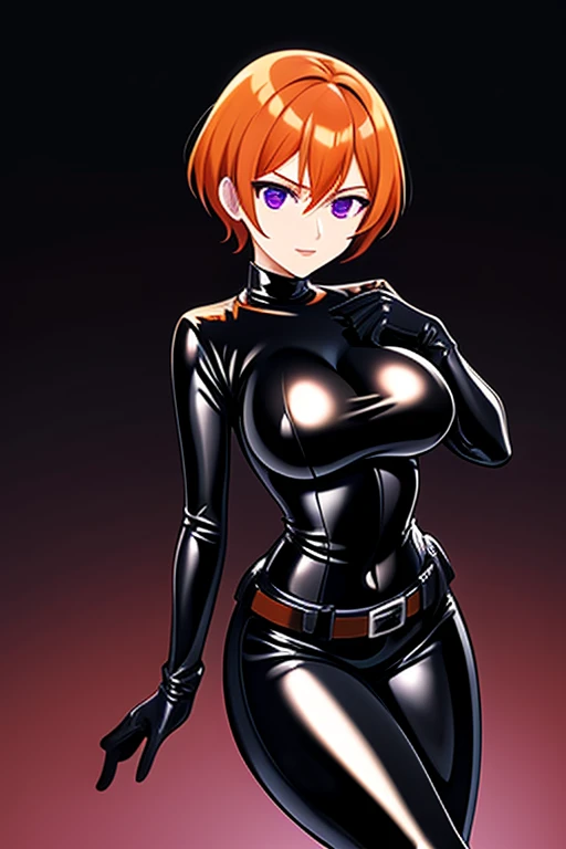 Agent spy woman, Short orange hair, shiny Black skintight latex bodysuit, shiny Black skintight latex elbow gloves, shiny Black skintight latex thigh boots, Gadget belt around waist, Purple eyes, medium breasts serious face expression, plain white background