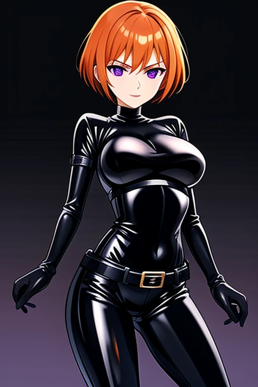 Agent spy woman, Short orange hair, shiny Black skintight latex bodysuit, shiny Black skintight latex elbow gloves, shiny Black skintight latex thigh boots, Gadget belt around waist, Purple eyes, medium breasts serious face expression, plain white background