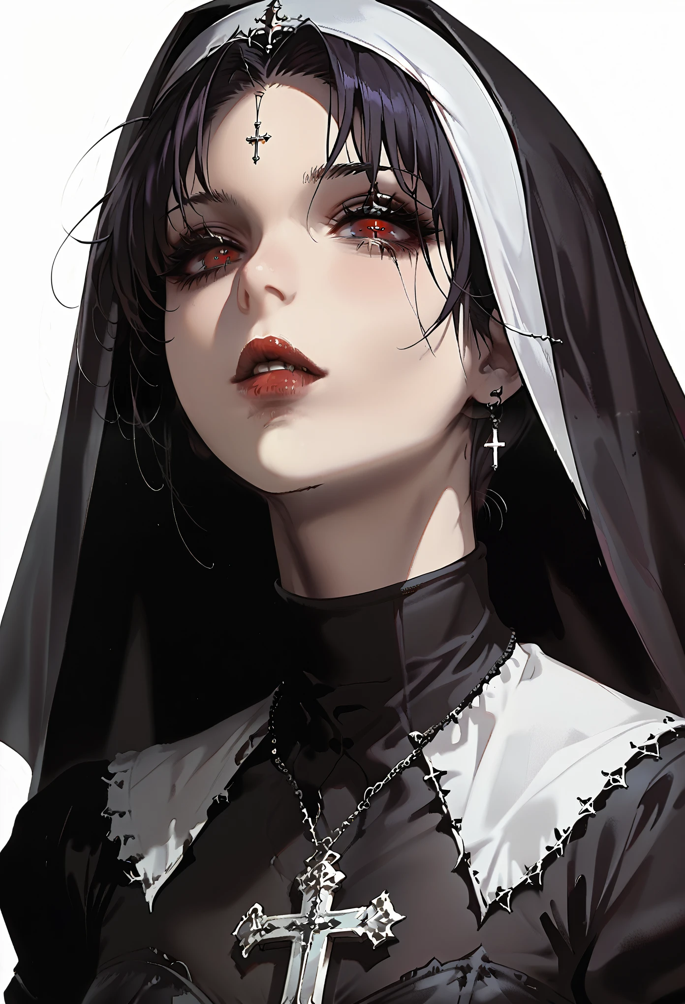 anime girl with a nun outfit and a cross necklace, sexy nun , portrait , white background 1 anime goth girl,  portrait, gothic maiden anime girl, demon anime girl, androgynous vampire, portrait of demon girl, beautiful necromancer girl, sexy suit , details hair,detailed portrait of anime girl, beauty female girl,  with background 