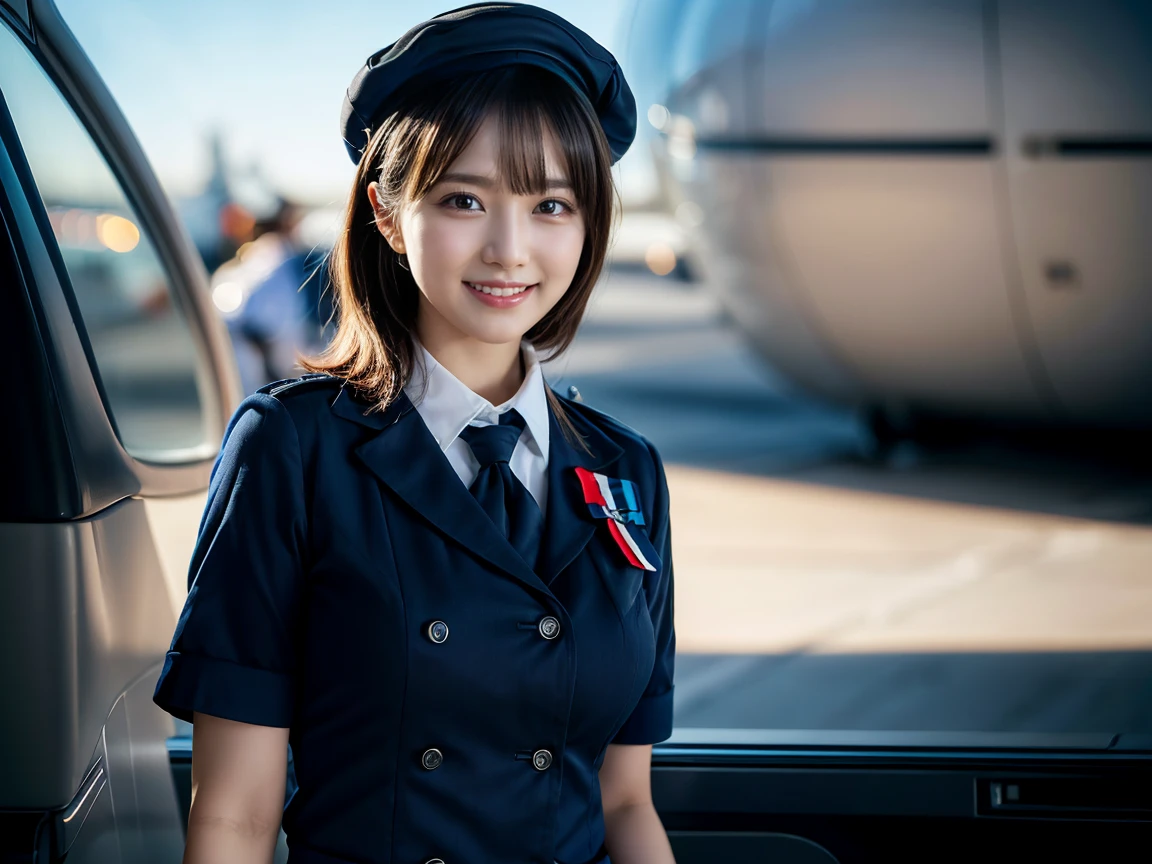  naked, Nude standing、masterpiece, Best Quality, shape, Very detailed, Delicate details, High resolution, 8k,wallpaper, Perfect dynamic composition,(High quality with attention to detail, Realistic eye depiction:1.3),、Short Hair、Standing、(Dark blue flight attendant uniform:1.4), (Cute stewardess wearing a hat:1.2), (Smile:1.2),