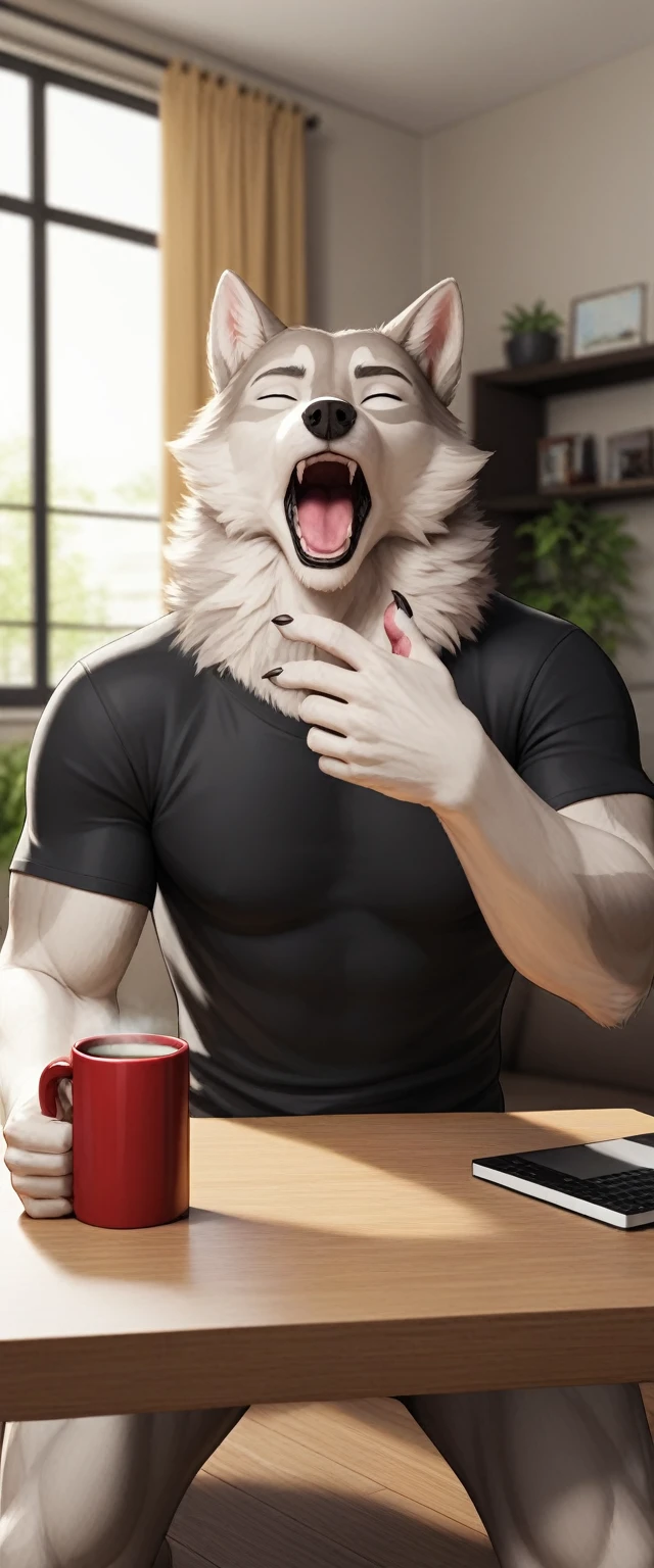 score_9, score_8_up, score_7_up,  Masterpiece, high quality, 8K, Setting: Morning light fills an **indoor living room, casting a soft glow through a large window. A foliage plant, sits nearby, and a **mug of steaming coffee** rests on the table.

Subject: A **handsome, muscular wolf male furry** with realistic, **grey fur**, wearing a **black sweatshirt**. He walks into the room, **yawning**, holding the mug in his **right hand**. His body shows subtle details of an **erection under his clothes**, emphasizing his masculinity. 

Style: Photorealistic, hyperrealistic, 3D render, blending elements of a **fursuit** and real fur, capturing a vivid sense of texture and realism." 