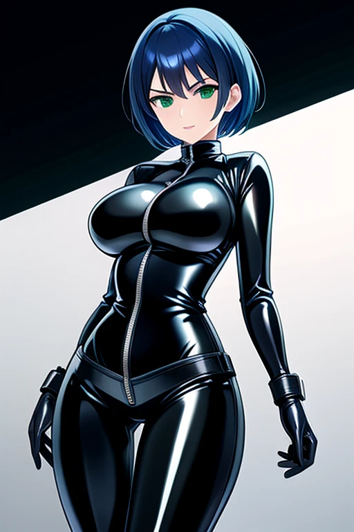 Agent spy woman, Short blue hair, shiny Black skintight latex bodysuit, zipper on center of suit, shiny Black skintight latex elbow gloves, shiny Black skintight latex thigh boots, Gadget belt around waist, green eyes, big breasts, serious face expression, plain white background