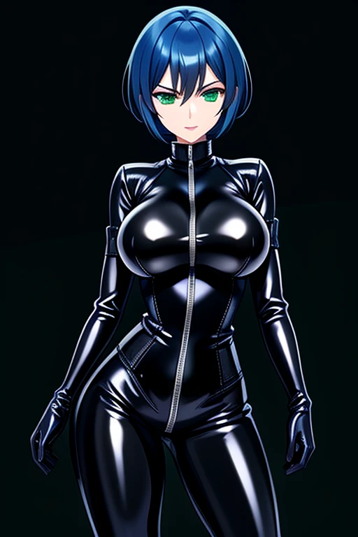 Agent spy woman, Short blue hair, shiny Black skintight latex bodysuit, zipper on center of suit, shiny Black skintight latex elbow gloves, shiny Black skintight latex thigh boots, Gadget belt around waist, green eyes, big breasts, serious face expression, plain white background