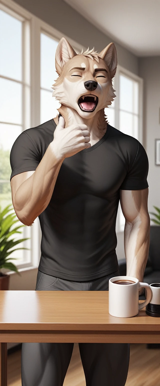 score_9, score_8_up, score_7_up,  Masterpiece, high quality, 8K, Setting: Morning light fills an **indoor living room, casting a soft glow through a large window. A foliage plant, sits nearby, and a **mug of steaming coffee** rests on the table.

Subject: A **handsome, muscular wolf male furry** with realistic, **grey fur**, wearing a **black sweatshirt**. He walks into the room, **yawning**, holding the mug in his **right hand**. His body shows subtle details of an **erection under his clothes**, emphasizing his masculinity. 

Style: Photorealistic, hyperrealistic, 3D render, blending elements of a **fursuit** and real fur, capturing a vivid sense of texture and realism." 