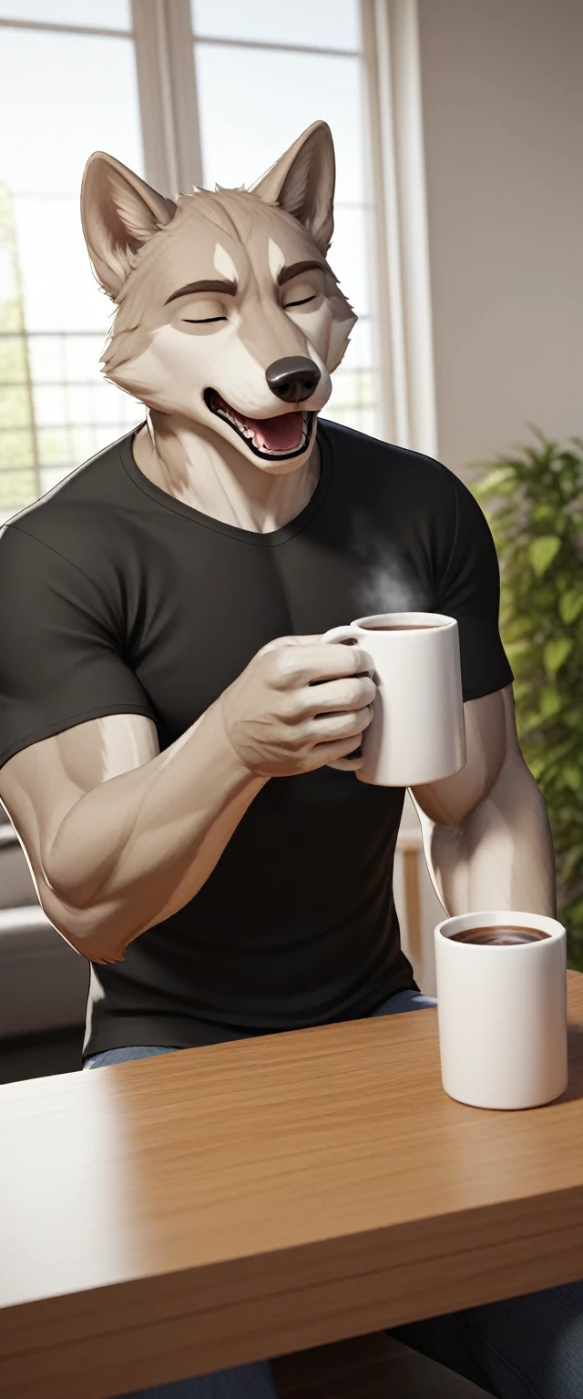 score_9, score_8_up, score_7_up,  Masterpiece, high quality, 8K, Setting: Morning light fills an **indoor living room, casting a soft glow through a large window. A foliage plant, sits nearby, and a **mug of steaming coffee** rests on the table.

Subject: A **handsome, muscular wolf male furry** with realistic, **grey fur**, wearing a **black sweatshirt**. He walks into the room, **yawning**, holding the mug in his **right hand**. His body shows subtle details of an **erection under his clothes**, emphasizing his masculinity. 

Style: Photorealistic, hyperrealistic, 3D render, blending elements of a **fursuit** and real fur, capturing a vivid sense of texture and realism." 