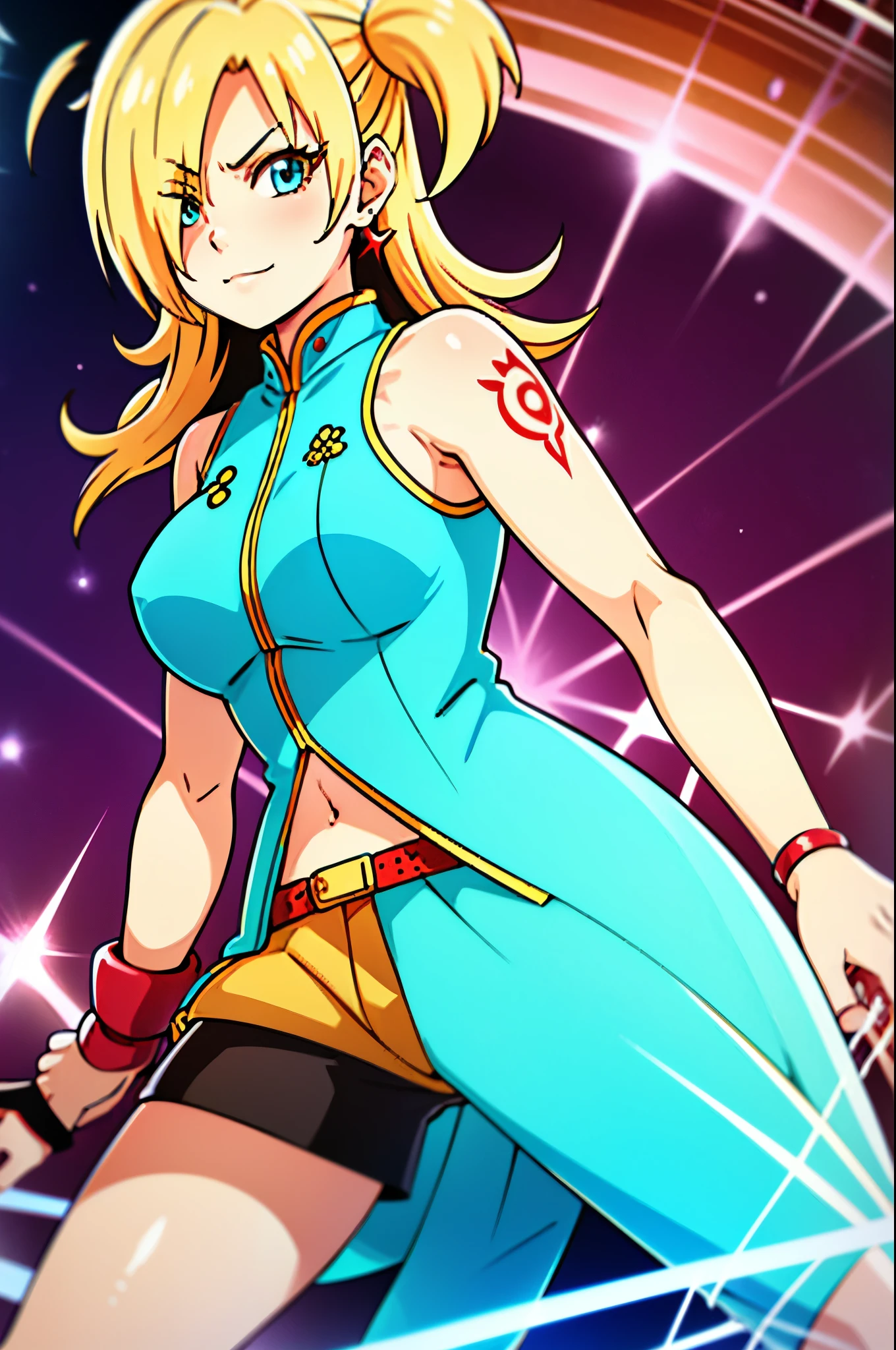 young girl, longue blonde hair, Hairpin with a bundle, turquoise eyes, Yakuza tattoos, red tight uniform, Sleeveless, Wide neckline on the chest to the abdomen, Gold Elements, Red gold armor, Shorts, claws, smirk, Masterpiece, hiquality, 4k, HD, Good detail