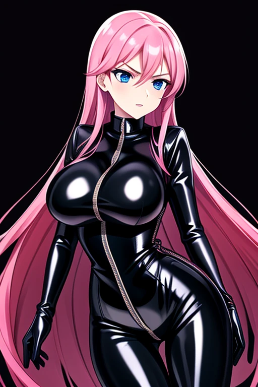 Agent spy woman, Long pink hair, shiny Black skintight latex bodysuit, zipper on center of suit, shiny Black skintight latex elbow gloves, shiny Black skintight latex thigh boots, Gadget belt around waist, blue eyes, big breasts, serious face expression, plain white background