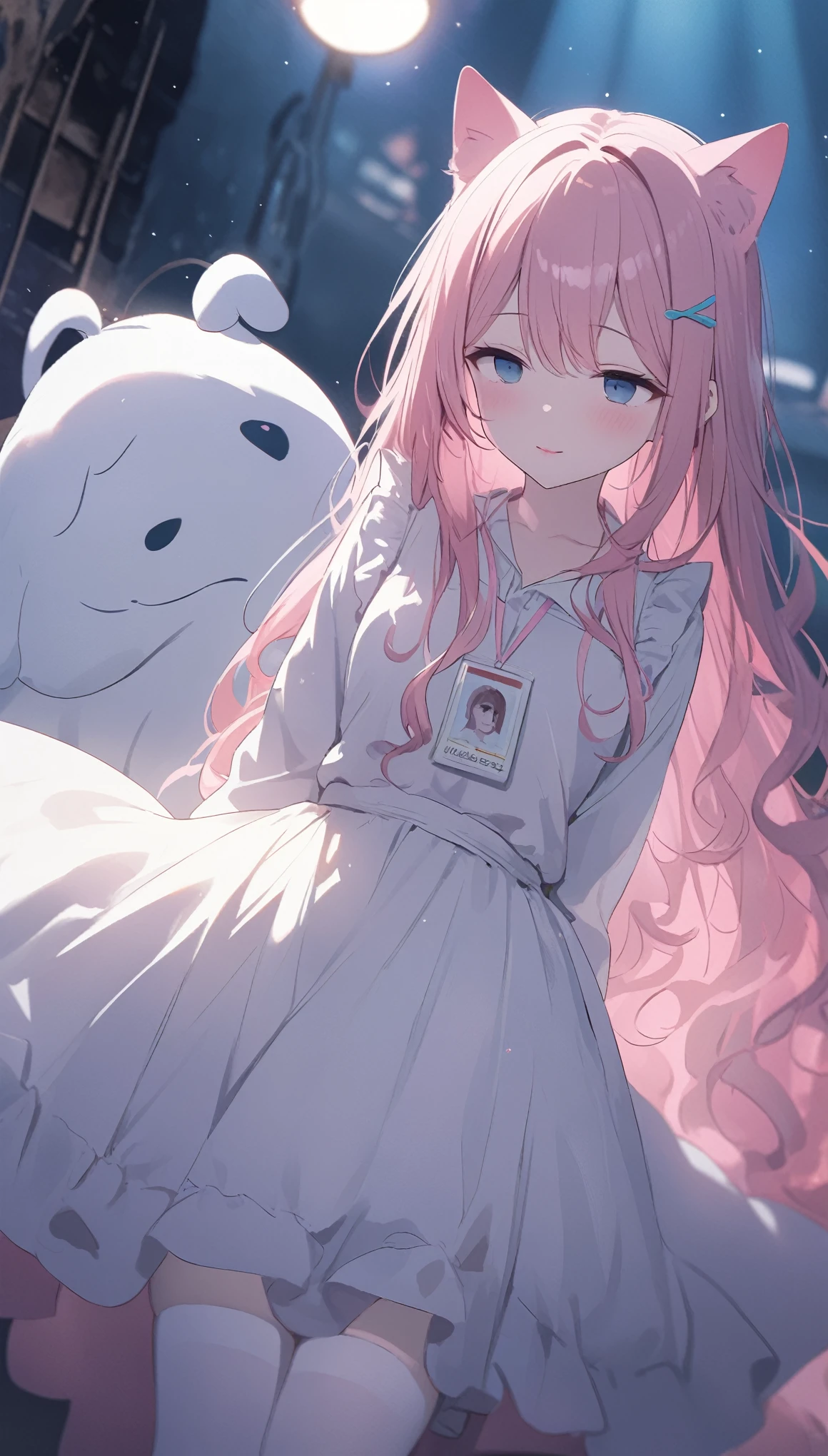 @Origeri, 1 woman\(Blue eyes,big eyes,Taremeh,(((((droopy eyes))))),(((eyes are narrow))),cute,((thud)), (Long hair:1.3),(((pastel)) light-Pink hair),(wavy hair:1.2),(Hair is floating), pale skin,(Pink cheeks),((Pink lips)),bangs, cat ears, dress\(short,((pastel)) ((Pink)), (ta), Open cleavage\),White apron, Blurry view, Blusher, Bokeh,Depth of field, laugh, dehisce, Tall, Cheerful pose,((cute hairpins)),((Pink lips)),White Garter Thigh High Socks,((An ID card worn around the neck))\), ((pastel colors)), rest ,background\(dreamland, ((pastel colors)),lots of light\), rest ,quality\(8k,Highly detailed CG units, masterpiece,High resolution,top-quality,top-quality real texture skin,Surreal,Increase the resolution,RAW photos,최고의 quality,Very detailed,wallpaper,Movie lighting,Ray tracing,Golden ratio,\),From below,[NASS SFY:2.0], Indian Auxiliary