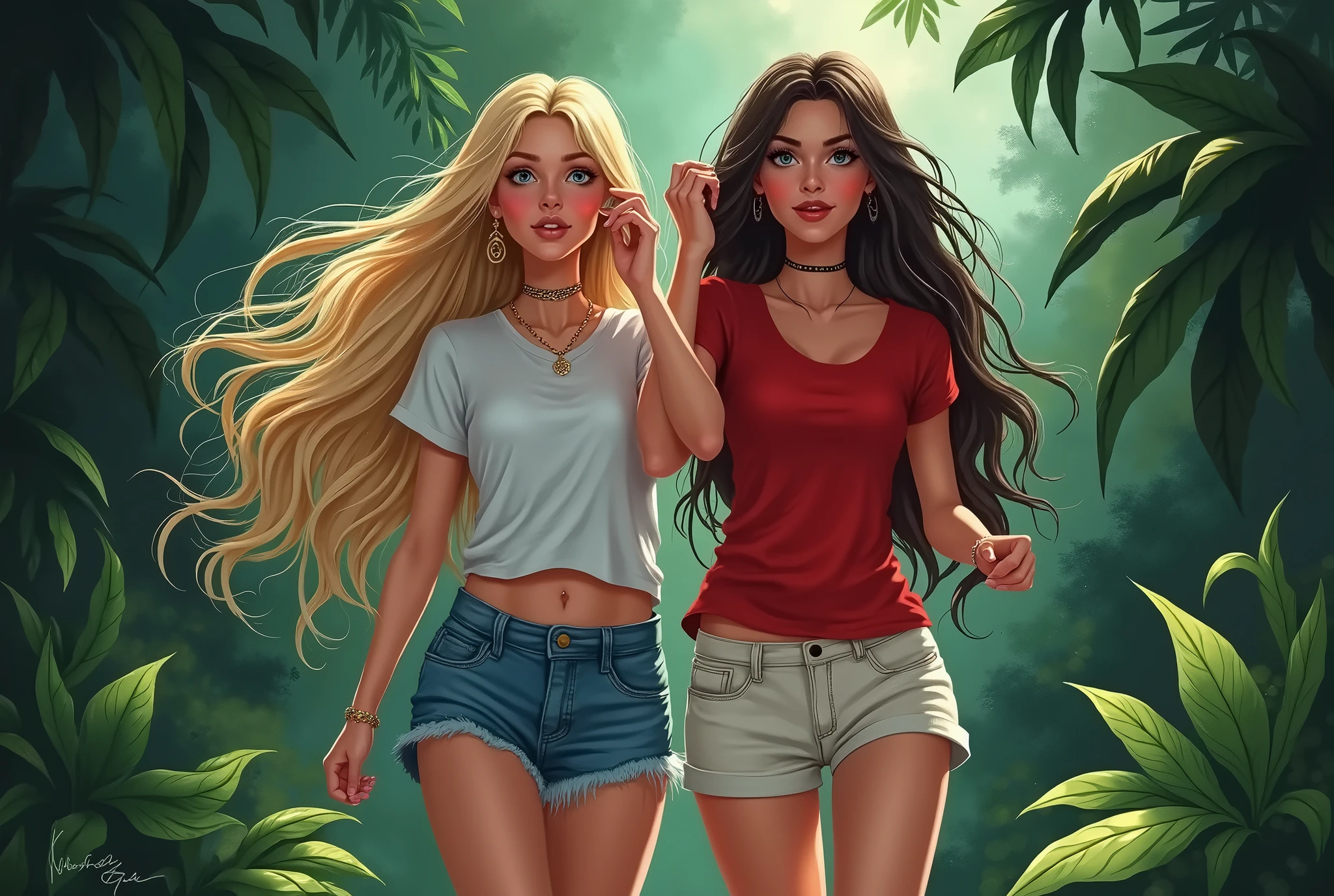 Magical fantasy world, beautiful ultra detailed book cover illustration: blonde and brunette, excited faces, long hair, walking through the jungle, calling someone, wearing red and white t-shirt and shorts, beautiful eyes, attractive, cute, full lips, beautiful eyes, fantasy art, HD, fantasy art, realistic, perfect face model, dark atmosphere, bright colors
