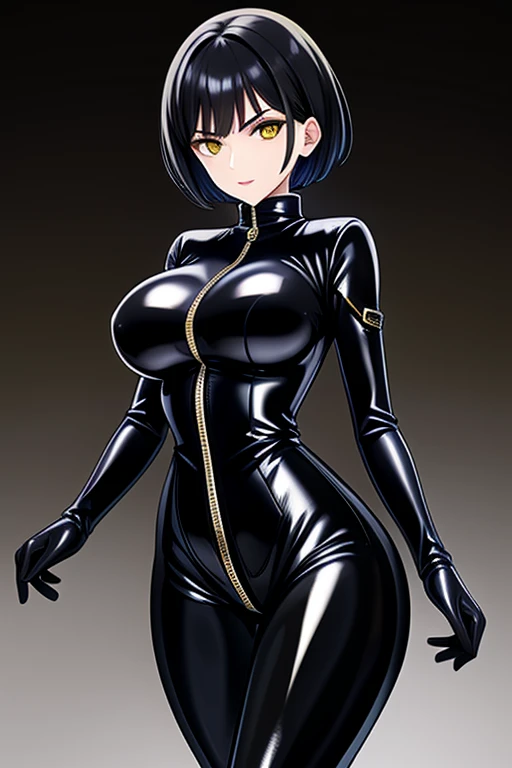 Agent spy woman, short black hair, shiny Black skintight latex bodysuit, zipper on center of suit, shiny Black skintight latex elbow gloves, shiny Black skintight latex thigh boots, yellow eyes, medium breasts, serious face expression, plain white background