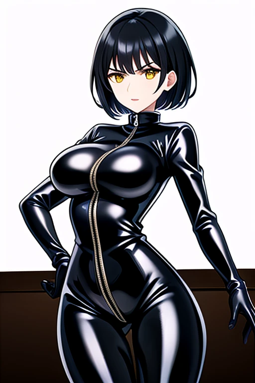 Agent spy woman, short black hair, shiny Black skintight latex bodysuit, zipper on center of suit, shiny Black skintight latex elbow gloves, shiny Black skintight latex thigh boots, yellow eyes, medium breasts, serious face expression, plain white background