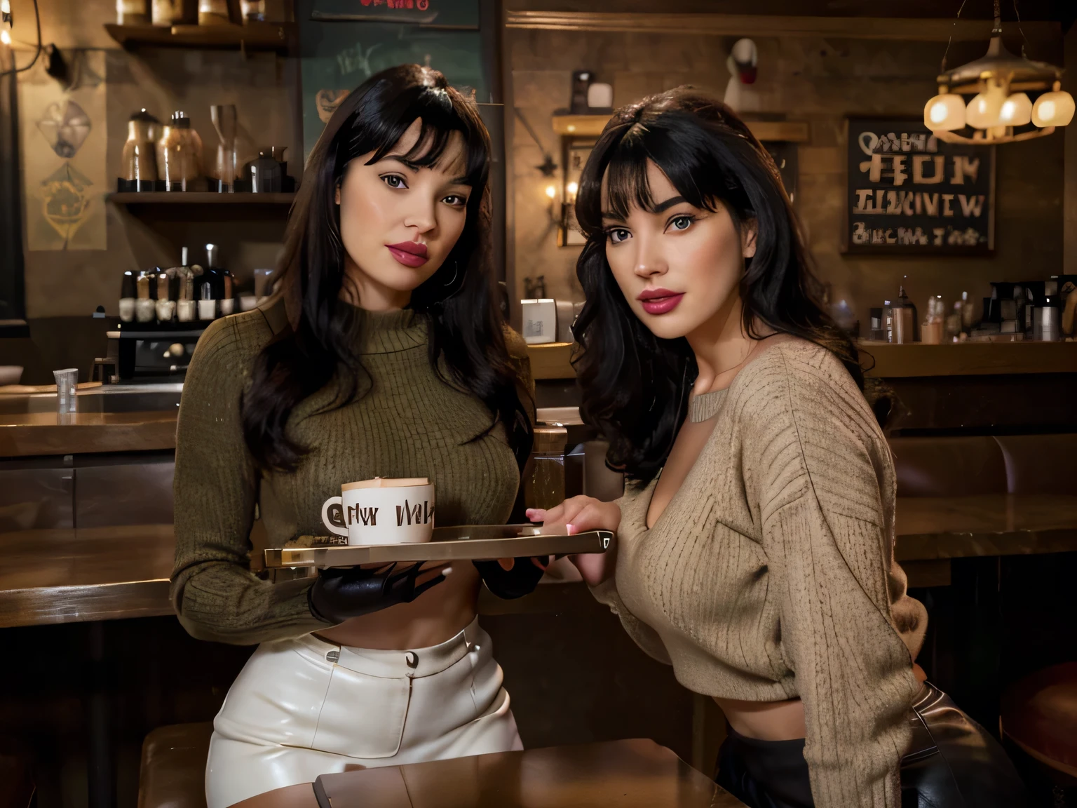 Beautiful 30 years old bettie page, makeup, olive skin, curly black hair (middle lenght), posing seductively in coffee shop, waitress placing two beers in a tray on a table ,daylight seductive smile, red sweater, black leather skirt, silk black 5 fingers gloves,high detail face, high detail clothes, ultrarealistic, dark shot, cinematic, professional photo