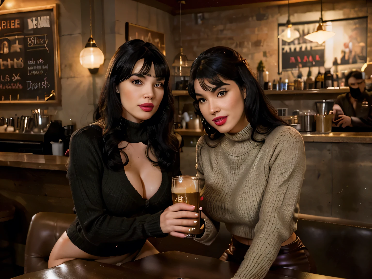 Beautiful 30 years old bettie page, makeup, olive skin, curly black hair (middle lenght), posing seductively in coffee shop, waitress placing two beers in a tray on a table ,daylight seductive smile, red sweater, black leather skirt, silk black 5 fingers gloves,high detail face, high detail clothes, ultrarealistic, dark shot, cinematic, professional photo