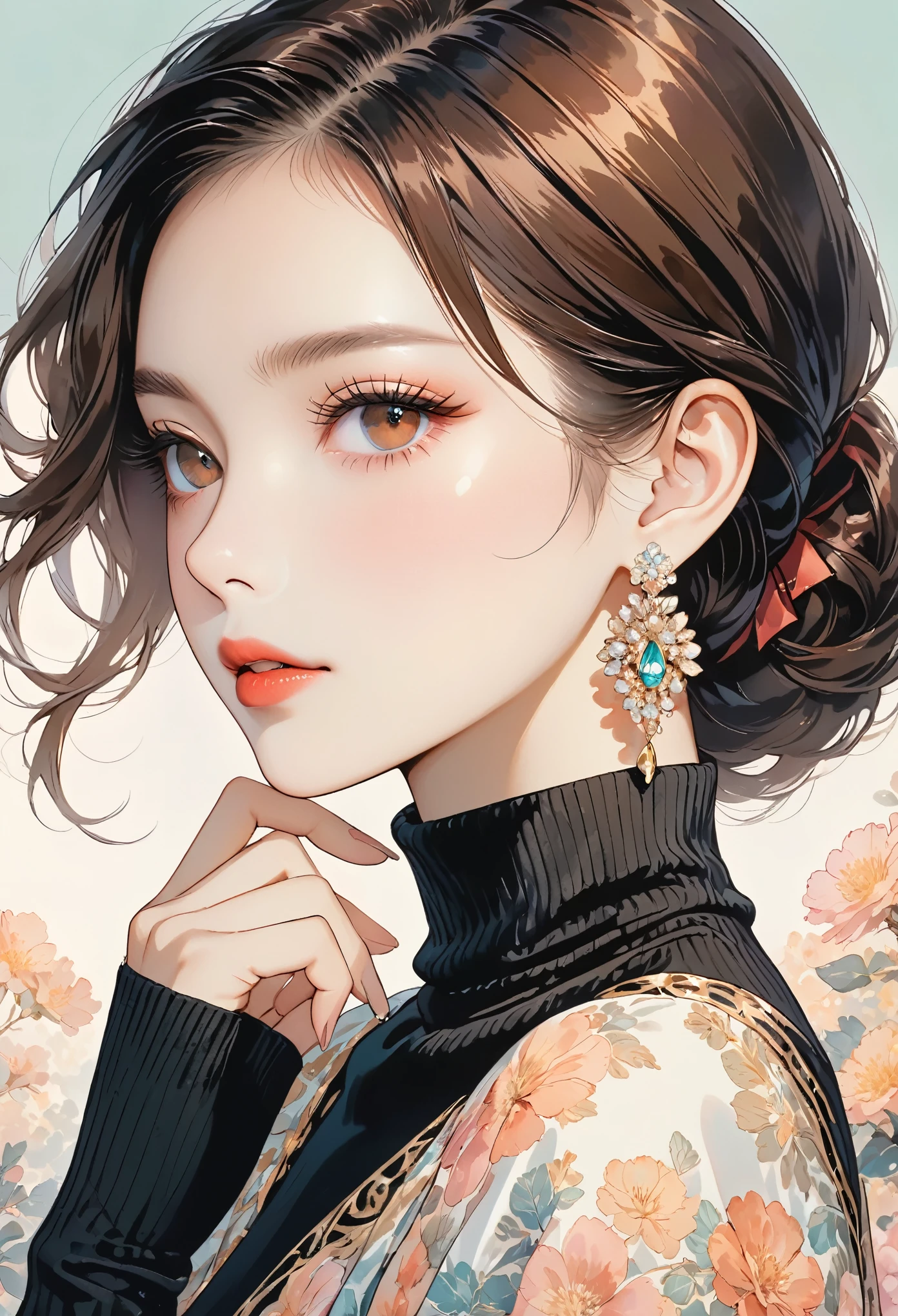 tsuruta ichiro, Narrow-eyed, 1girl in, Allback、deadpan、short-hair、shorth hair、brow、Reluctance、A dark-haired、Tucked Hair Solo, Cowgirl, Onepiece, ((mideum breasts)), Thin slit eyes、Black eyes, Light shines on the eyes、Black hair, gloves, Dress, Luxurious Jewelry, earrings, sharp eye、 elbow groves,Raise your hands and tie your hair back, random color, random color dress, Makeup for long eyes, Slender eyes、lip stick, Complex petal pattern, Rim Light, Back Light, pastel color,Studio Lighting