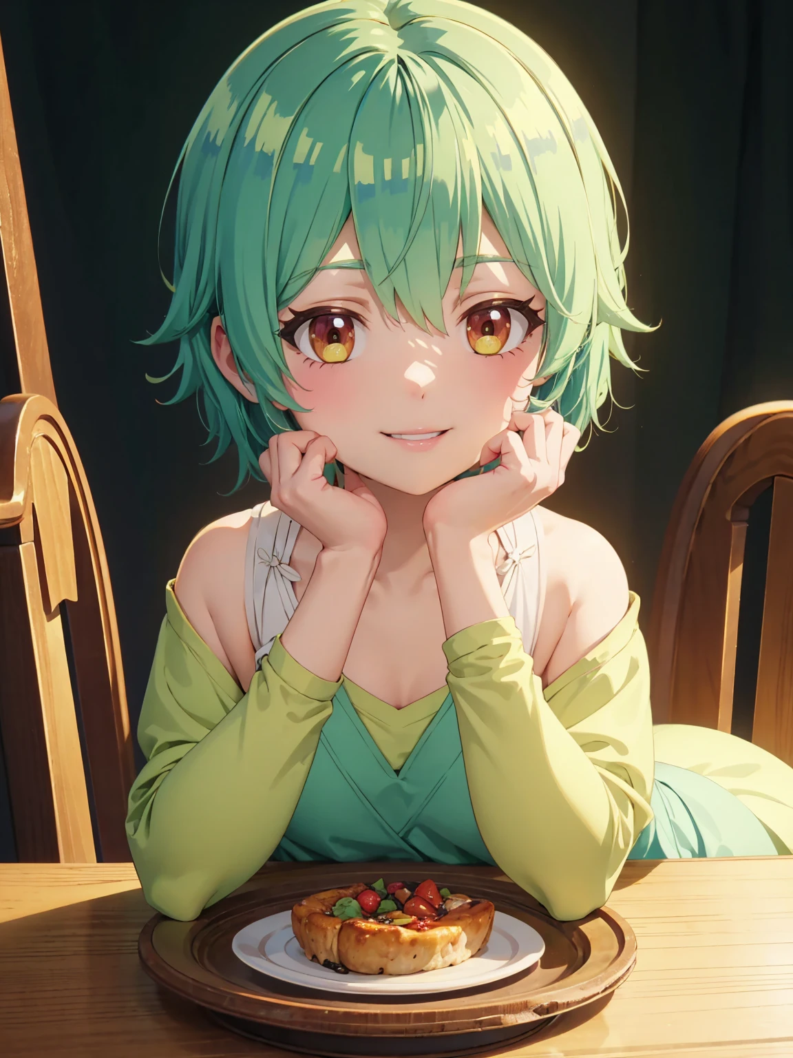 best art quality 1080p art resolution, highly detailed art, detailed face, detailed body, a beautiful cute girl smiling with short green hair, she is sitting at the table with her hands on her cheeks.
