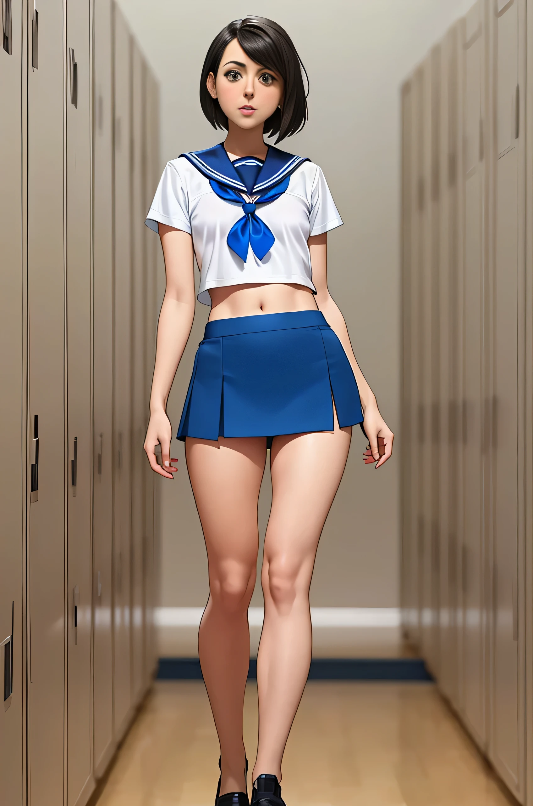 Aubrey Plaza, (Aubrey Plaza:1.5), masterpiece quality, (masterpiece quality:1.3), detailed, realistic, (realistic:1.3), 1girl, solo, (solo:1.9), alone, in a University, school lockers in background, wearing sailor uniform, (sailor uniform:1.5), wearing white shirt, (white shirt:1.5), midriff, (midriff:1.5), wearing blue miniskirt, (blue miniskirt:1.5), bare legs, (bare legs:1.5), short hair, small breasts, (small breasts:1.5), thin body, 