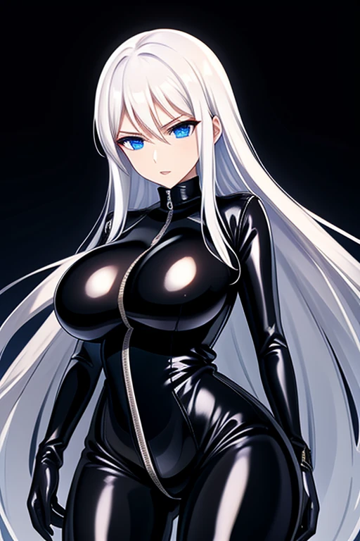 Agent spy woman, long white hair, shiny Black skintight latex bodysuit, zipper on center of suit, shiny Black skintight latex elbow gloves, shiny Black skintight latex thigh boots, blue eyes, big breasts breasts, serious face expression, plain white background