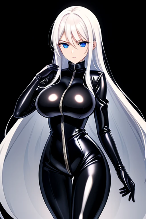 Agent spy woman, long white hair, shiny Black skintight latex bodysuit, zipper on center of suit, shiny Black skintight latex elbow gloves, shiny Black skintight latex thigh boots, blue eyes, big breasts breasts, serious face expression, plain white background