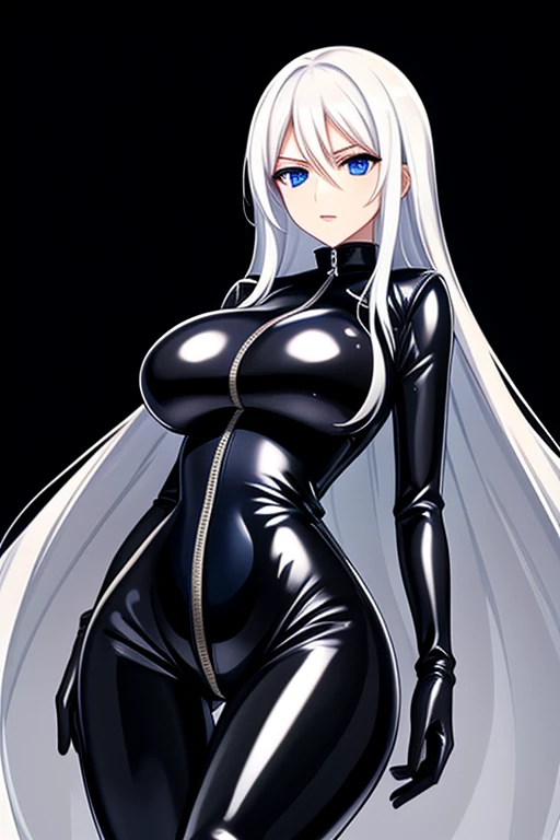 Agent spy woman, long white hair, shiny Black skintight latex bodysuit, zipper on center of suit, shiny Black skintight latex elbow gloves, shiny Black skintight latex thigh boots, blue eyes, big breasts breasts, serious face expression, plain white background