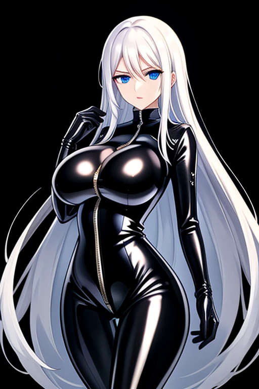 Agent spy woman, long white hair, shiny Black skintight latex bodysuit, zipper on center of suit, shiny Black skintight latex elbow gloves, shiny Black skintight latex thigh boots, blue eyes, big breasts breasts, serious face expression, plain white background