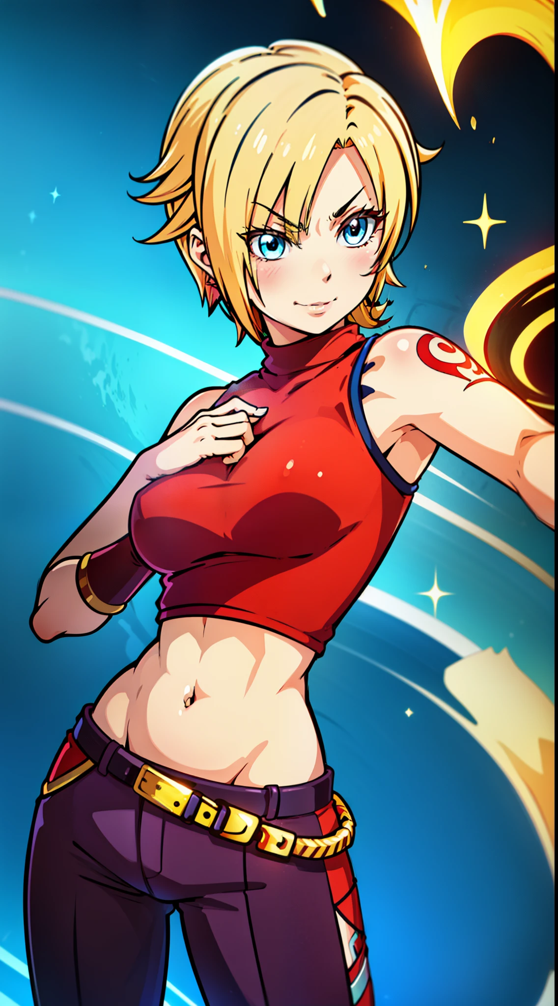 young girl, longue blonde hair, Hairpin with a bundle,short hair, turquoise eyes, Yakuza tattoos, red tight uniform, Sleeveless, Wide neckline on the chest to the abdomen, Gold Elements, Red gold armor, Shorts, claws, smirk, Masterpiece, hiquality, 4k, HD, Good detail