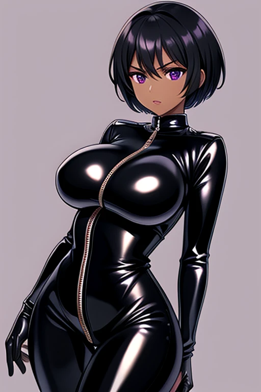 Agent spy black woman, short short hair, brown Tan skin, shiny Black skintight latex bodysuit, zipper on center of suit, shiny Black skintight latex elbow gloves, shiny Black skintight latex thigh boots, purple eyes, big breasts, serious face expression, plain white background