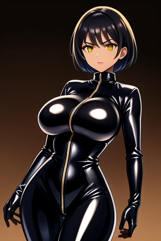 Agent spy black woman, short white hair, brown Tan skin, shiny Black skintight latex bodysuit, zipper on center of suit, shiny Black skintight latex elbow gloves, shiny Black skintight latex thigh boots, yellow eyes, big breasts, serious face expression, plain white background