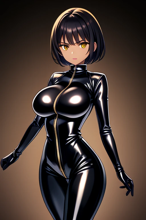 Agent spy black woman, short white hair, brown Tan skin, shiny Black skintight latex bodysuit, zipper on center of suit, shiny Black skintight latex elbow gloves, shiny Black skintight latex thigh boots, yellow eyes, big breasts, serious face expression, plain white background