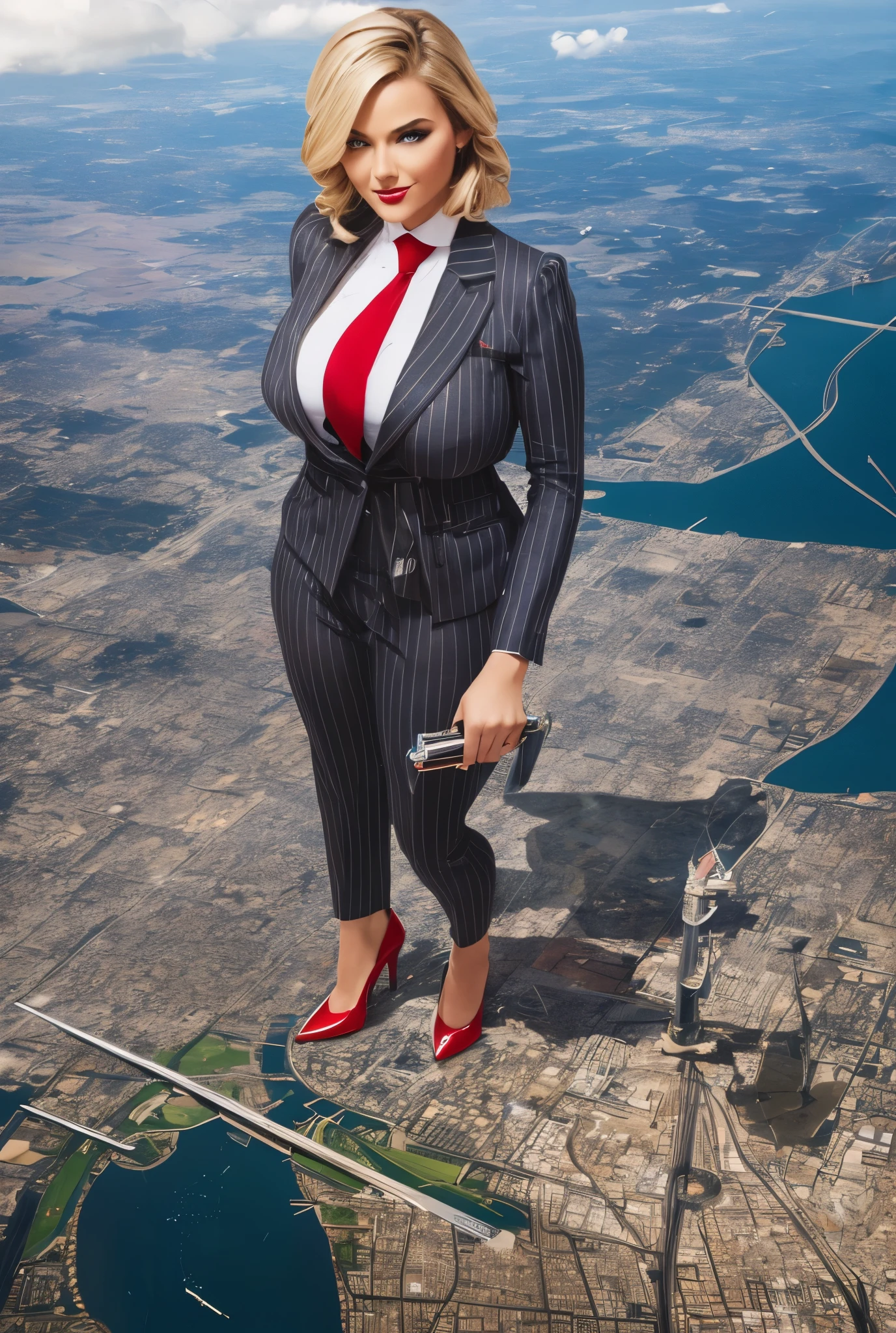 Young woman, giantess art, giga giantess in distance walking on through city, women with beautiful curves, massive thighs, blonde hair, lipstick, wearing a perfect  grey pinstripe trouser suit and blazer, crisp white shirt, and a large blade width Windsor knot red tie, with massive breasts. She is wearing platform high heels and standing on a miniature city, with skyscrapers at her feet, smiling with her huge breasts. This image is highly detailed, photorealistic, best quality, a masterpiece, with cinematic lighting, ultra-detailed, featuring black patent Louboutin pumps, low altitude photography, satellite view, a curvy figure, heaving bosom, legs, a mega city, urban sprawl, small towns, destruction, buildings, roads, a cloudy, overcast, hazy atmosphere, and wispy clouds.