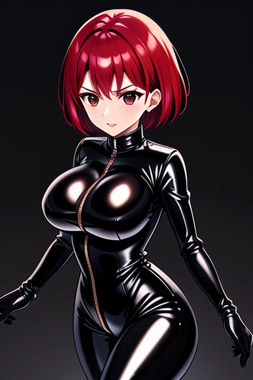 Agent spy woman, short red hair, shiny Black skintight latex bodysuit, zipper on center of suit, shiny Black skintight latex elbow gloves, shiny Black skintight latex thigh boots, brown eyes, big breasts, serious face expression, white background