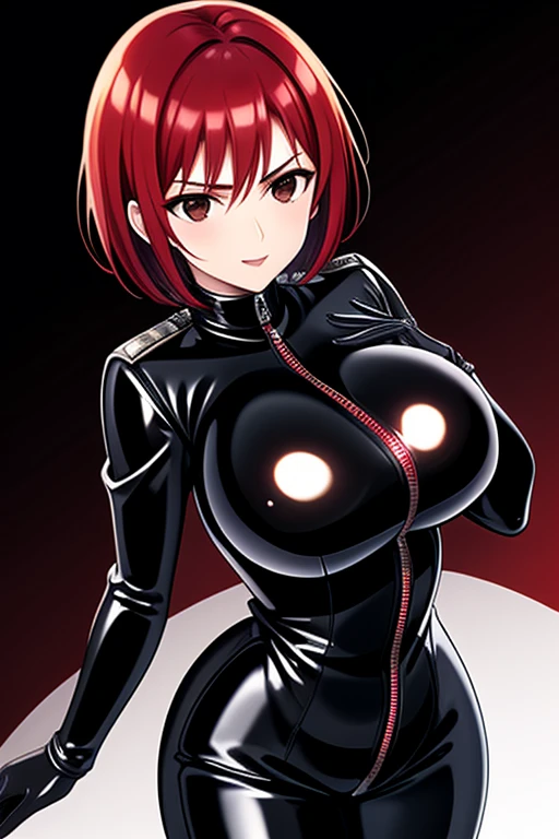 Agent spy woman, short red hair, shiny Black skintight latex bodysuit, zipper on center of suit, shiny Black skintight latex elbow gloves, shiny Black skintight latex thigh boots, brown eyes, big breasts, serious face expression, white background