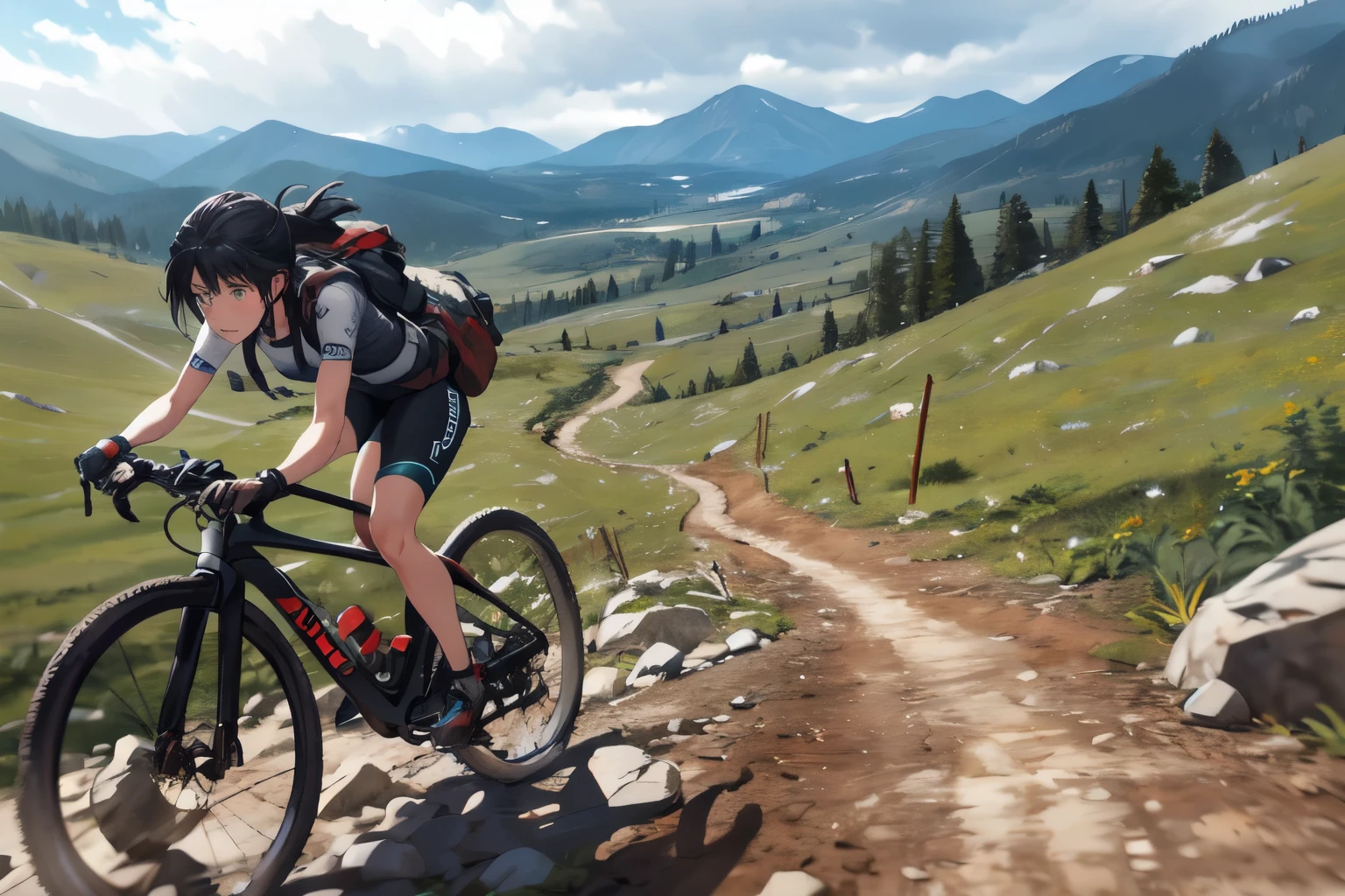 A 2 female cyclist, with braided black hair flying in the wind, pedals furiously on her green mountain bike. The action camera is mounted on her chest, capturing the adrenaline-filled first-person view as she navigates a narrow, rocky trail along the edge of a steep mountain. The bumpy ride causes the handlebars to shake as she maneuvers between jagged rocks, with the towering peaks and a cloudy sky in the background. The trail is slick with mud from a recent rain, and her tires throw up small sprays of dirt. In the distance, another rider can be seen making their way up the trail. The intensity of the ride is palpable as she races to maintain her lead.is palpable as she races to maintain her lead.