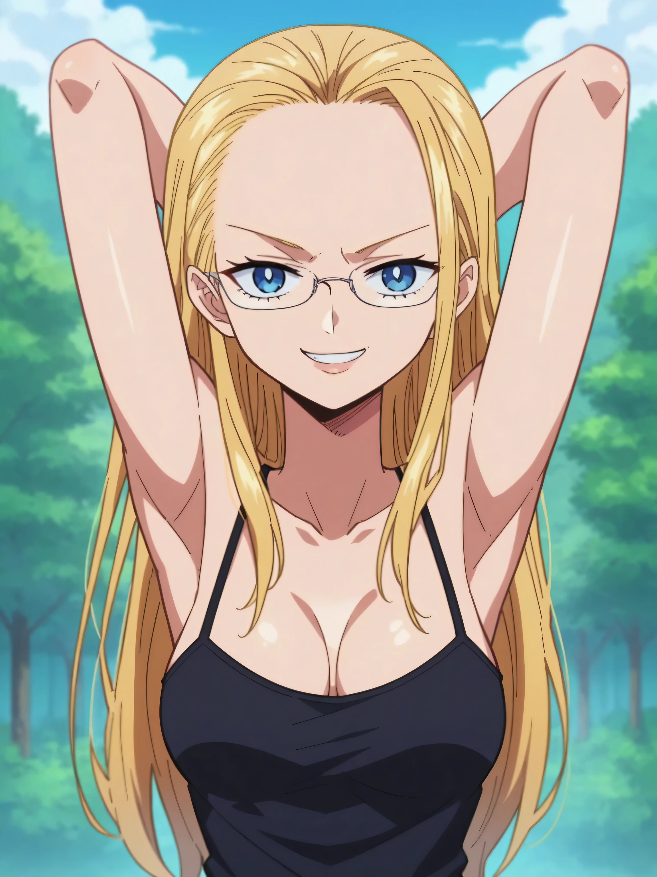 score_9, score_8_up, score_7_up, source_anime, anime screencap, outdoors, day, forest, 1girl, solo, kalifacp9, blue eyes, glasses, breasts, blonde hair, long hair, bare shoulders, bare arms, sleeveless, camisole, looking at viewer, head towards viewer, arms behind head, armpits, smile, smug,